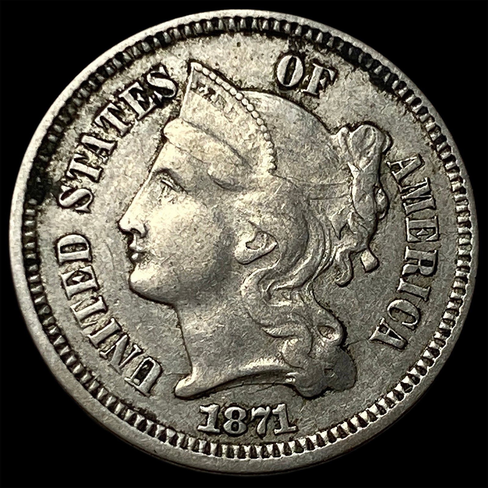 1871 Nickel Three-Cent Piece NEARLY UNCIRCULATED: 1871 Nickel Three-Cent Piece NEARLY UNCIRCULATED