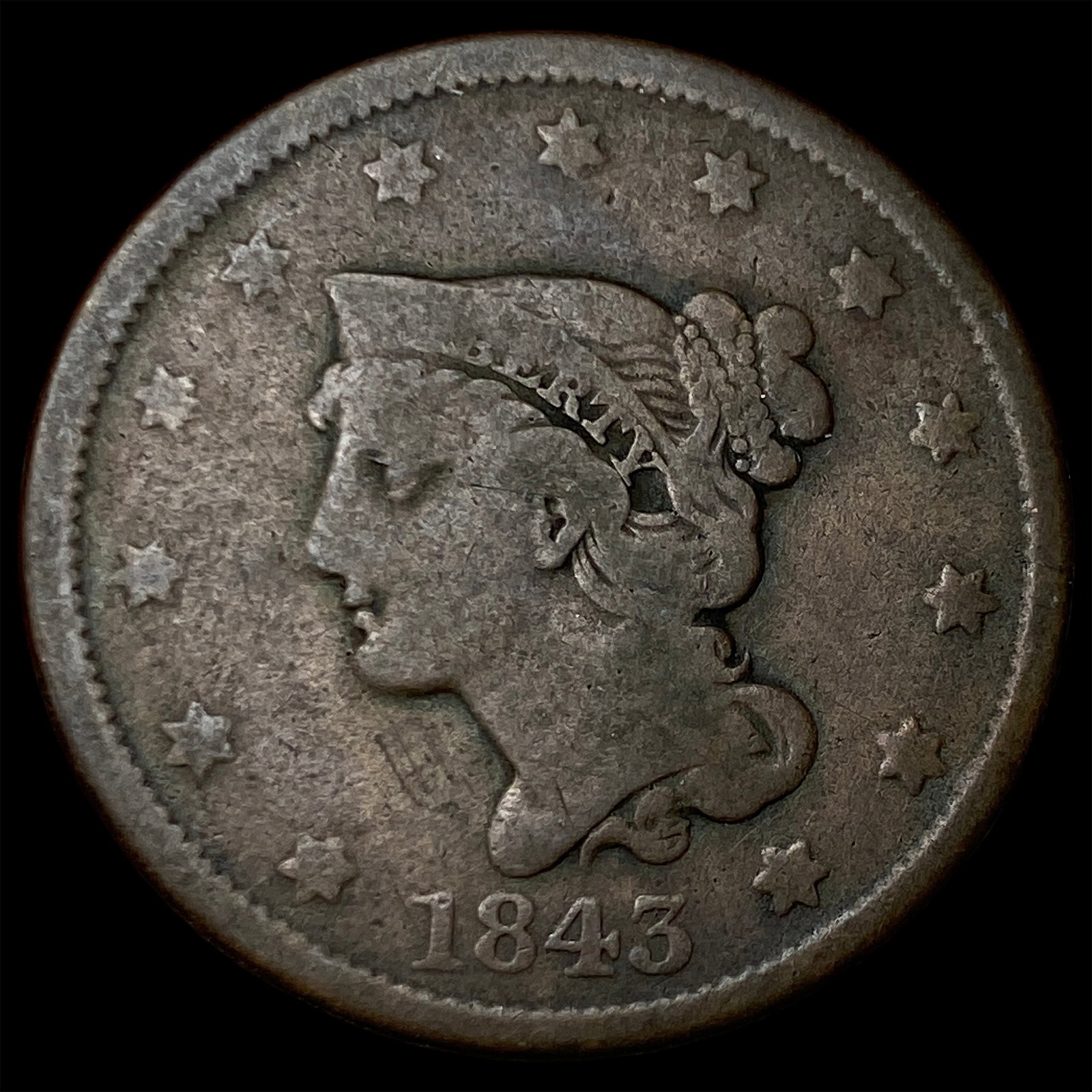 1843 Braided Hair Large Cent NICELY CIRCULATED: 1843 Braided Hair Large Cent NICELY CIRCULATED