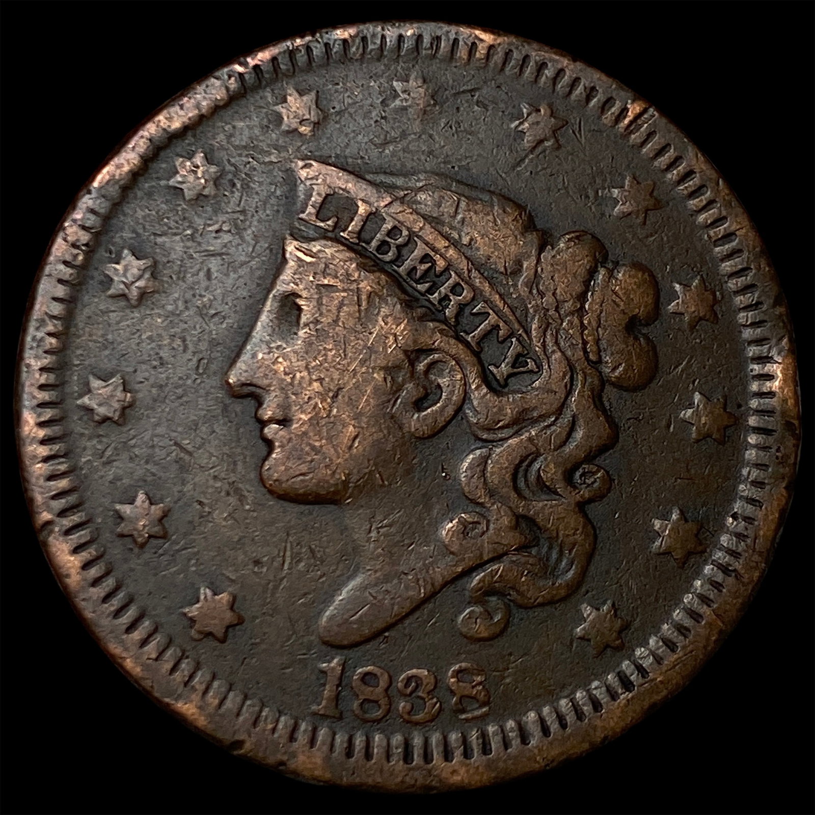 1838 Coronet Head Large Cent LIGHTLY CIRCULATED: 1838 Coronet Head Large Cent LIGHTLY CIRCULATED