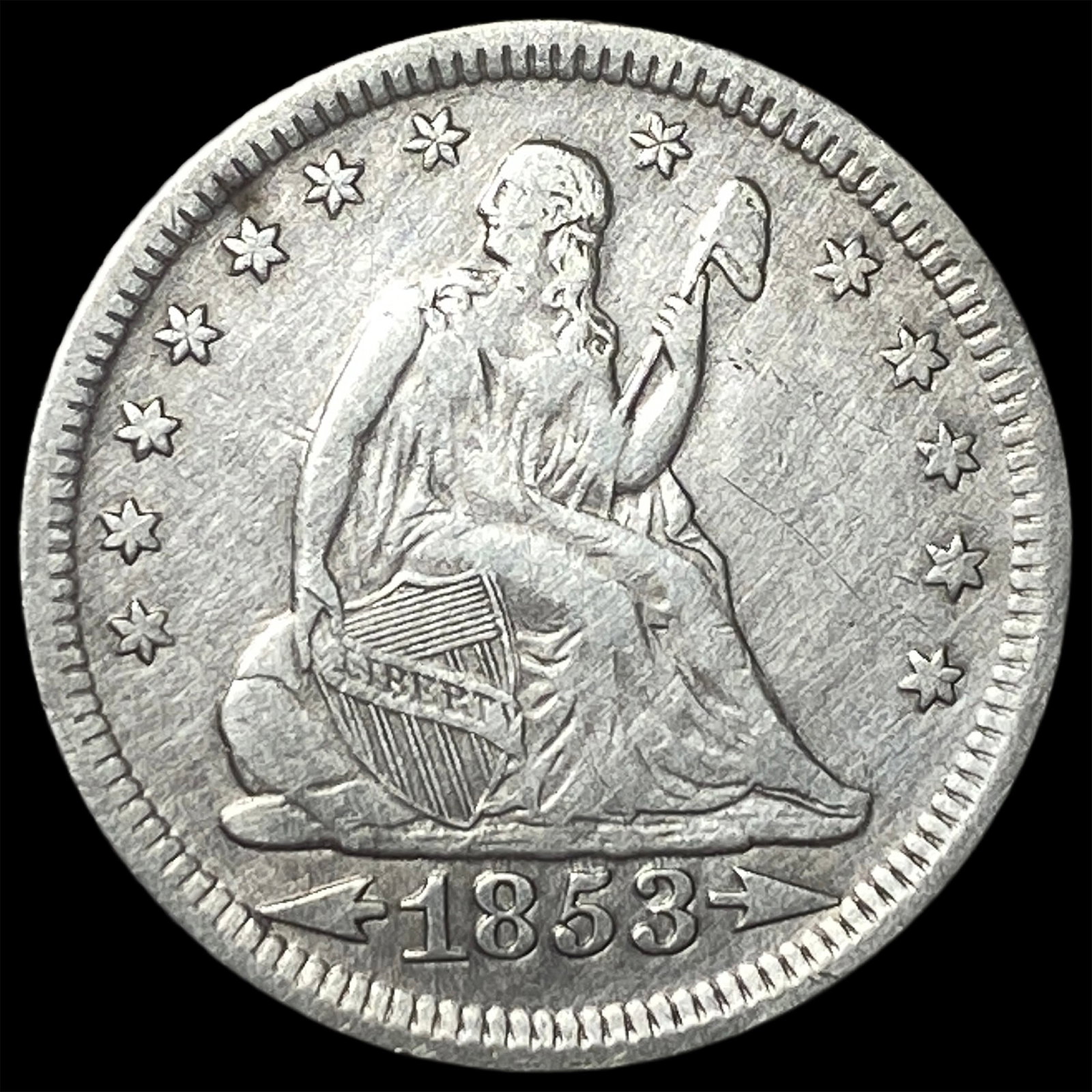 1853 Arrows/Rays Seated Liberty Quarter NEARLY UNCIRCULATED: 1853 Arrows/Rays Seated Liberty Quarter NEARLY UNCIRCULATED