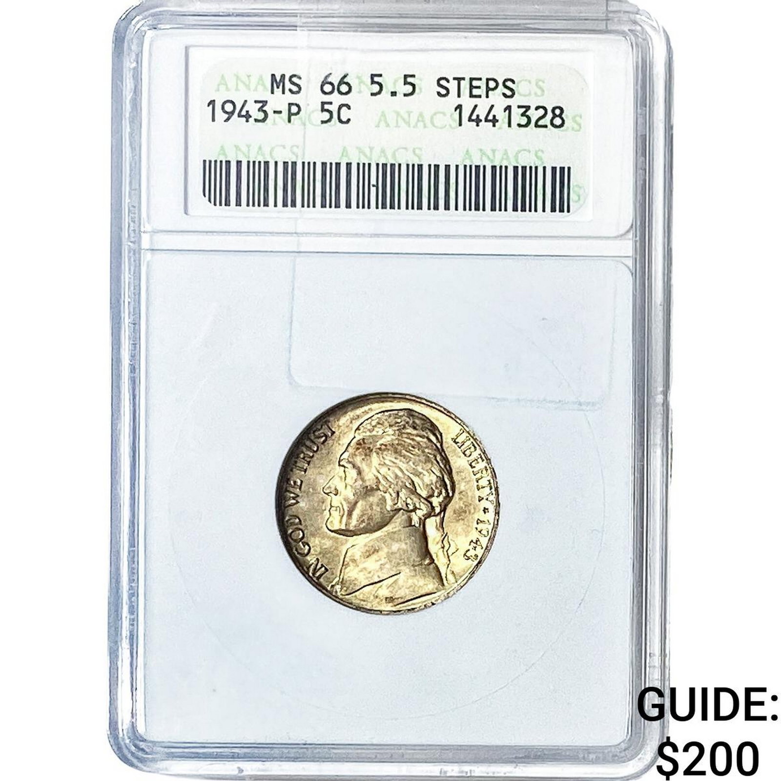 1943-P Jefferson Nickel ANACS MS66 5.5 Steps (1 of 2)