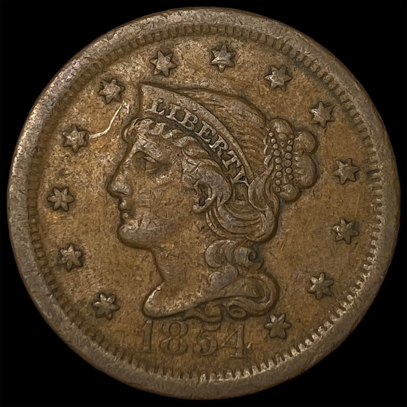 1854 Braided Hair Large Cent NICELY CIRCULATED: 1854 Braided Hair Large Cent NICELY CIRCULATED