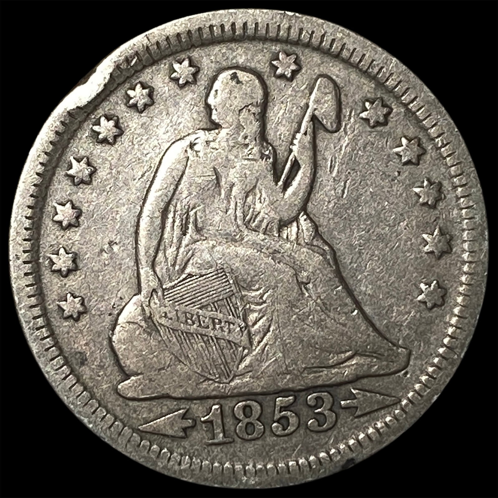 1853 Arrows/Rays Seated Liberty Quarter LIGHTLY CIRCULATED (1 of 2)