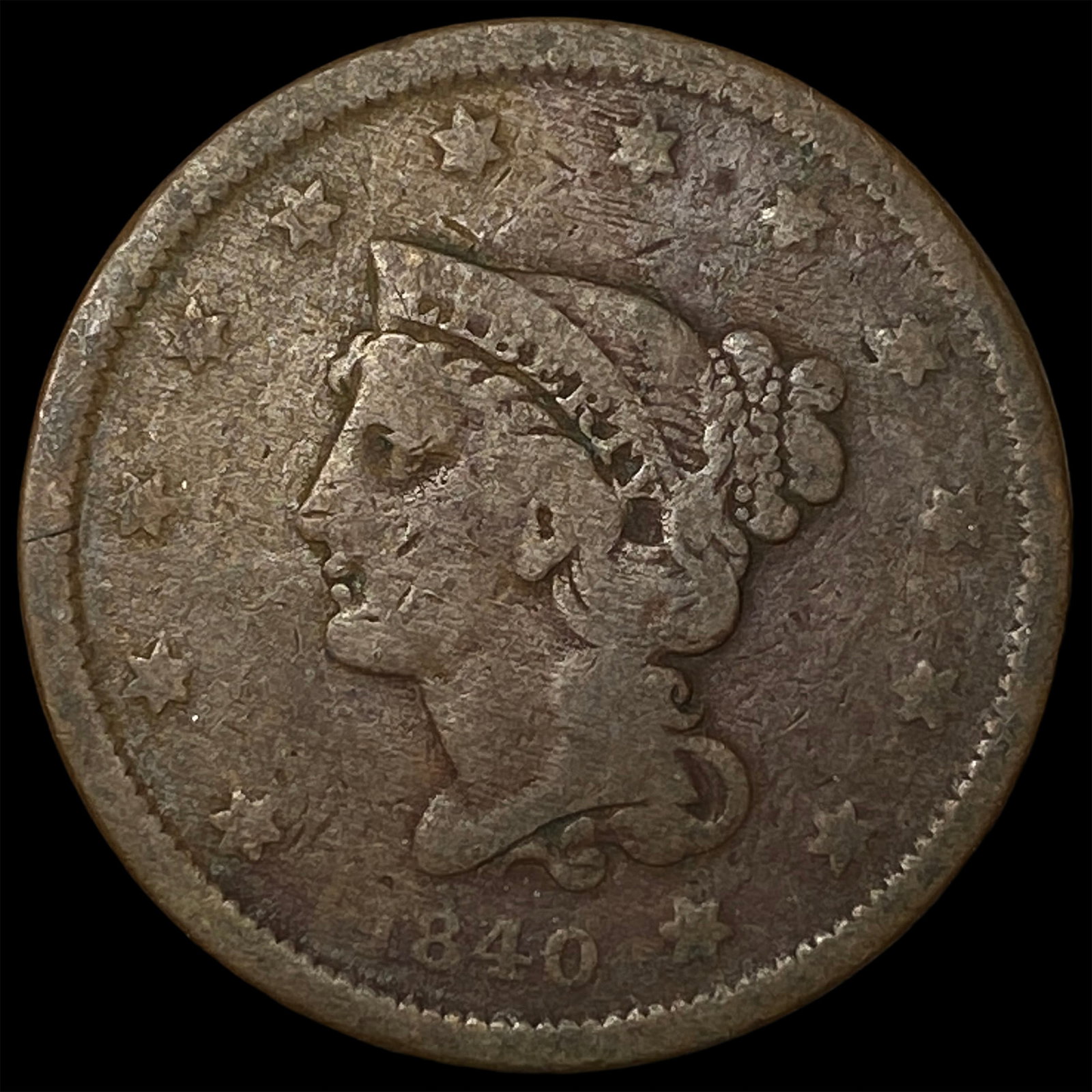 1840 Braided Hair Large Cent NICELY CIRCULATED: 1840 Braided Hair Large Cent NICELY CIRCULATED
