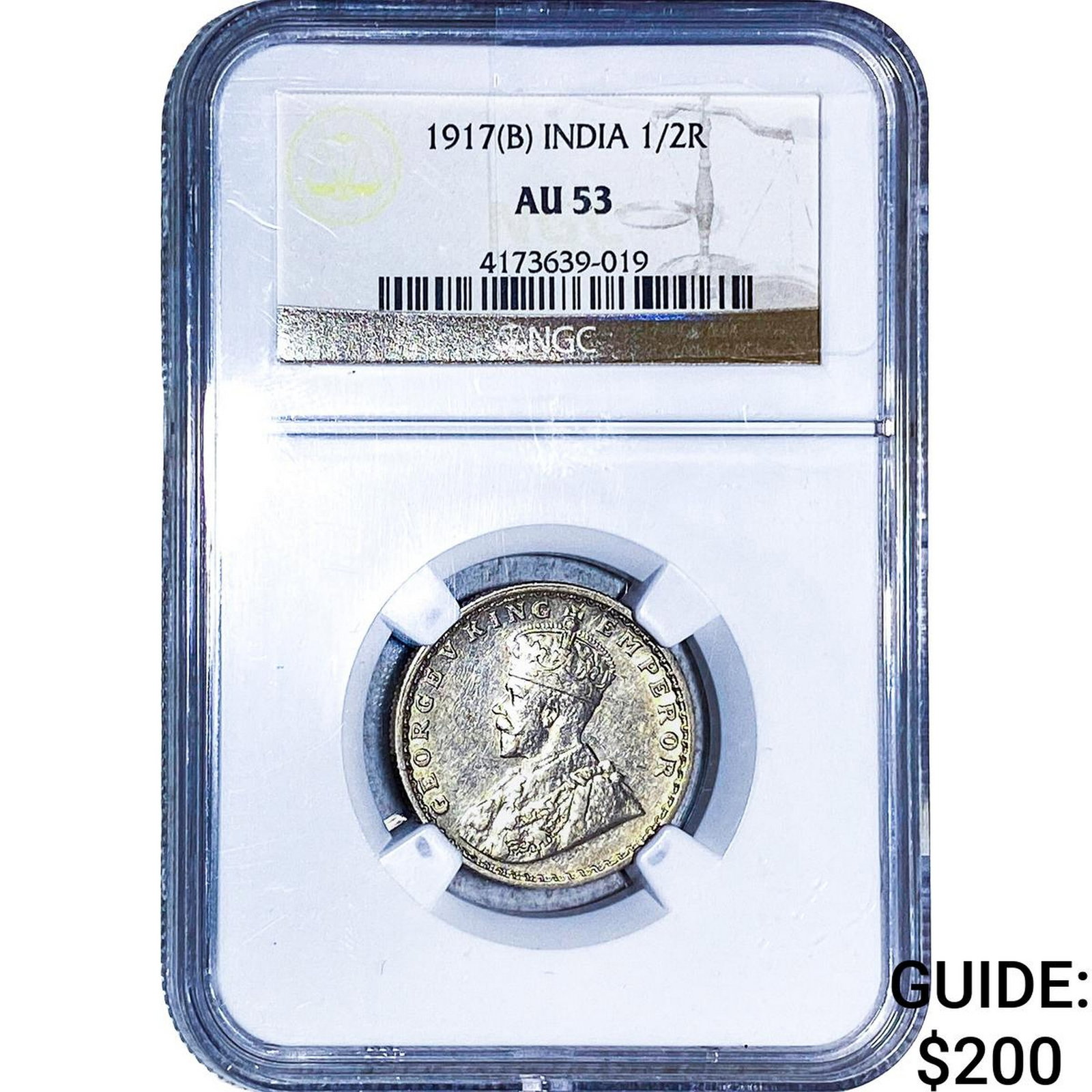 1917[B] British India Silver 1/2 Rupee NGC AU53: 1917[B] British India Silver 1/2 Rupee NGC AU53