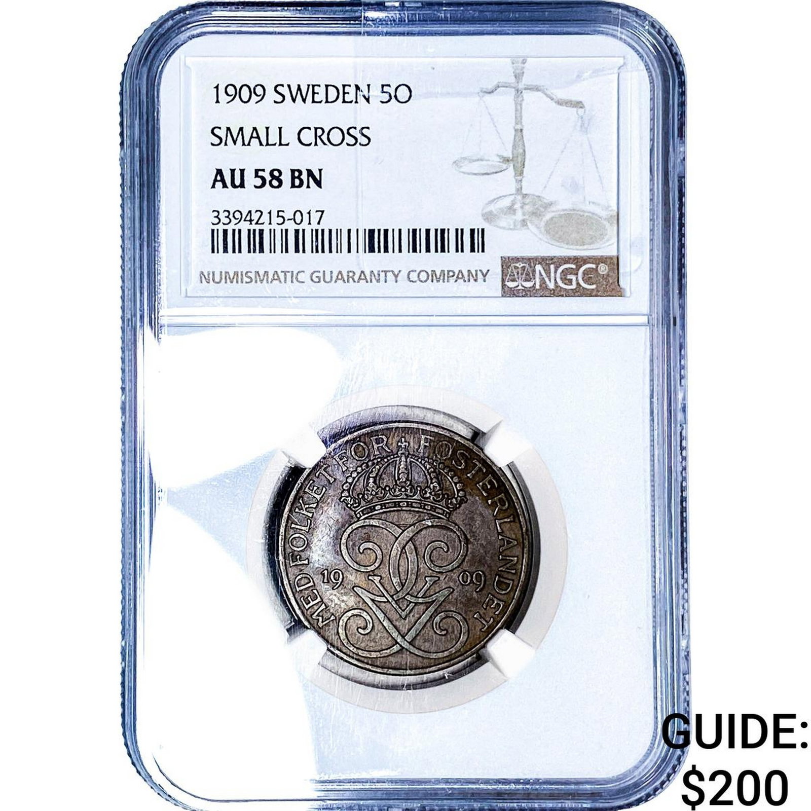 1909 Sweden Bronze 5 Ore Small Cross NGC AU58 BN (1 of 2)