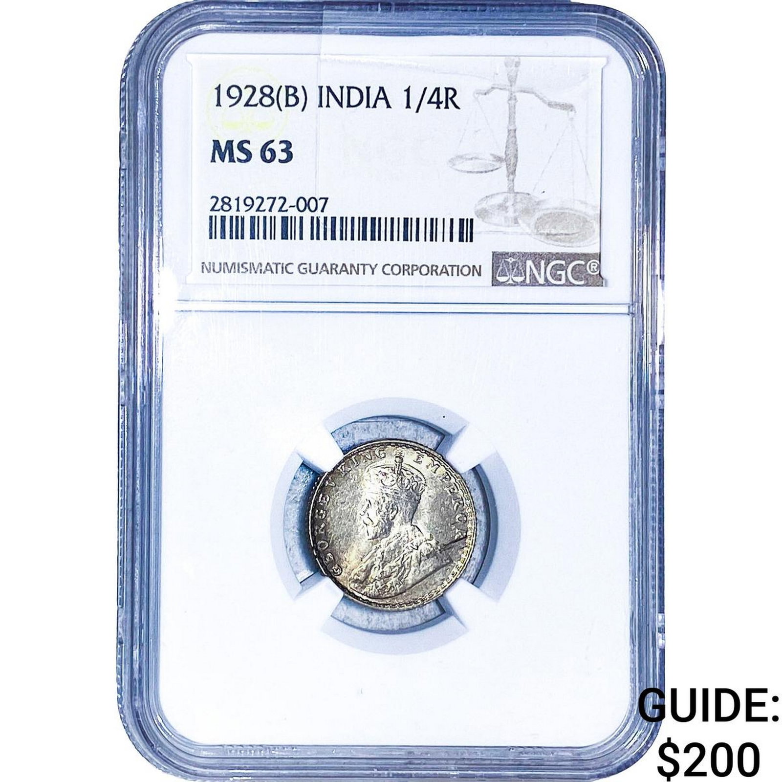 1928[B] British India Silver 1/4 Rupee NGC MS63 (1 of 2)