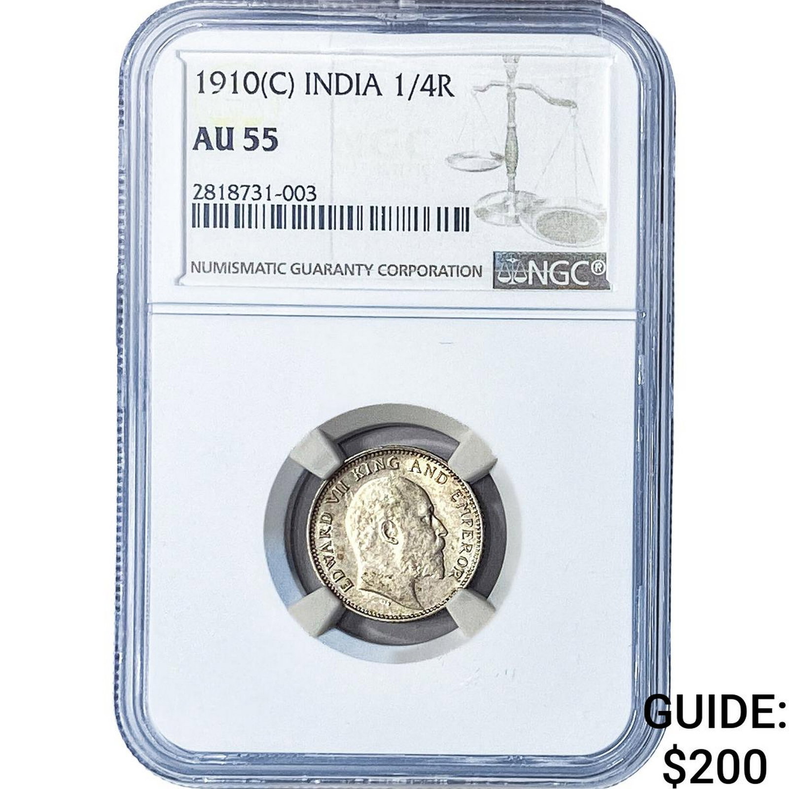 1910[C] British India Silver 1/4 Rupee NGC AU55: 1910[C] British India Silver 1/4 Rupee NGC AU55