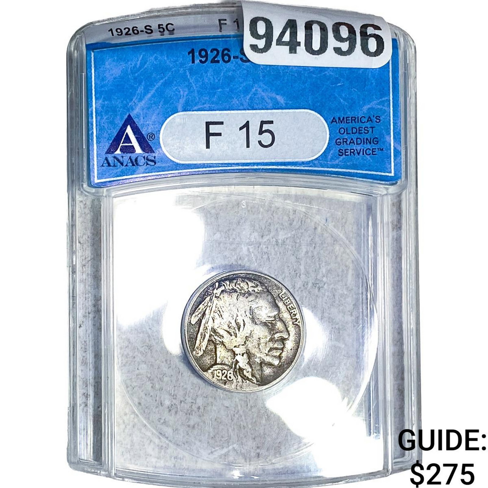 1926-S Buffalo Nickel ANACS F15: 1926-S Buffalo Nickel ANACS F15