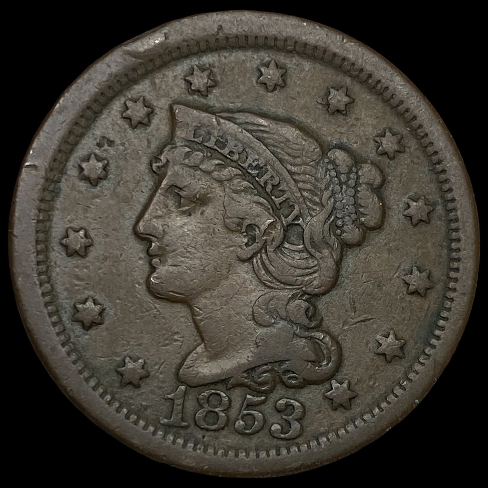 1853 Braided Hair Large Cent NEARLY UNCIRCULATED (1 of 2)