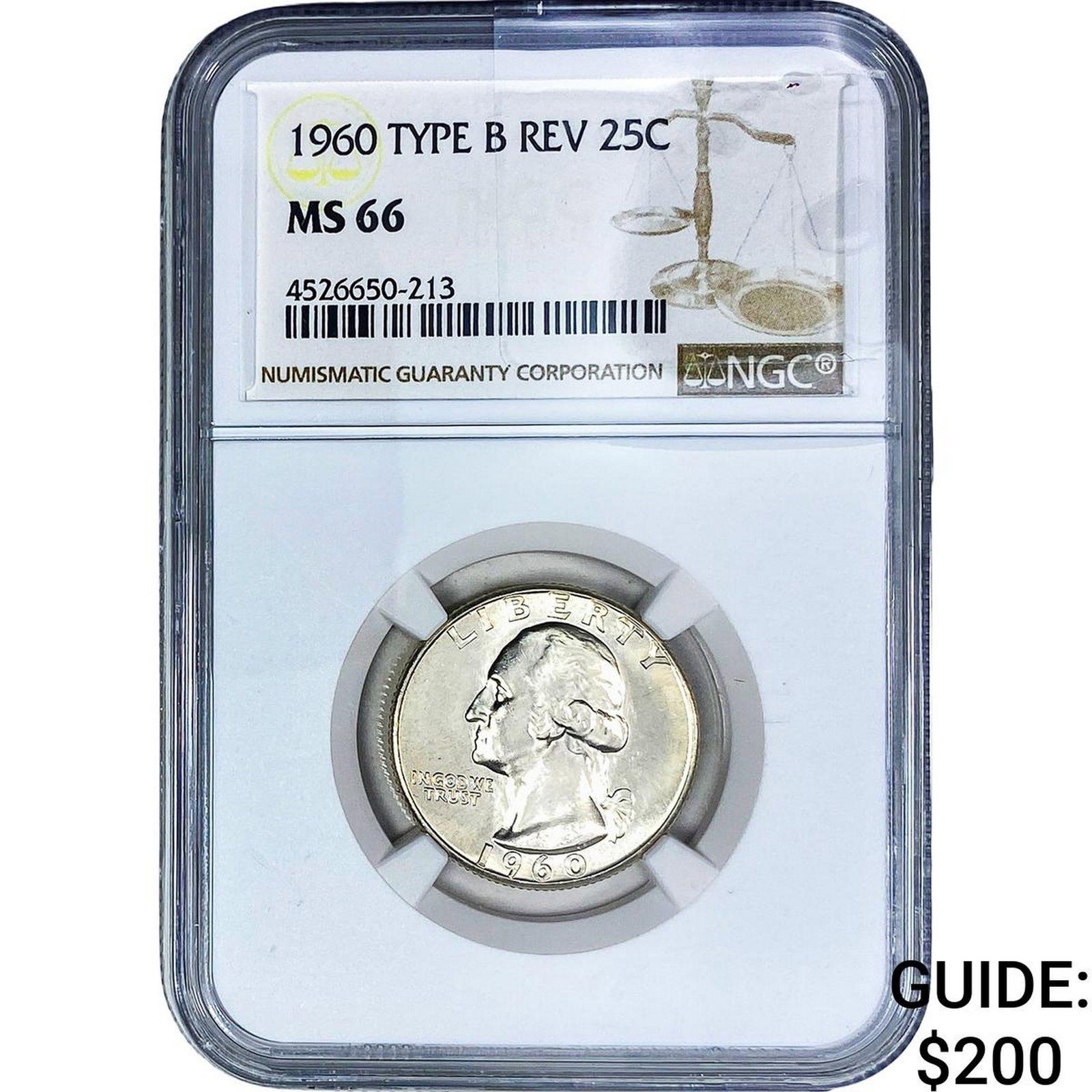 1960 Washington Silver Quarter NGC MS66 Type B Rev.: 1960 Washington Silver Quarter NGC MS66 Type B Rev.
