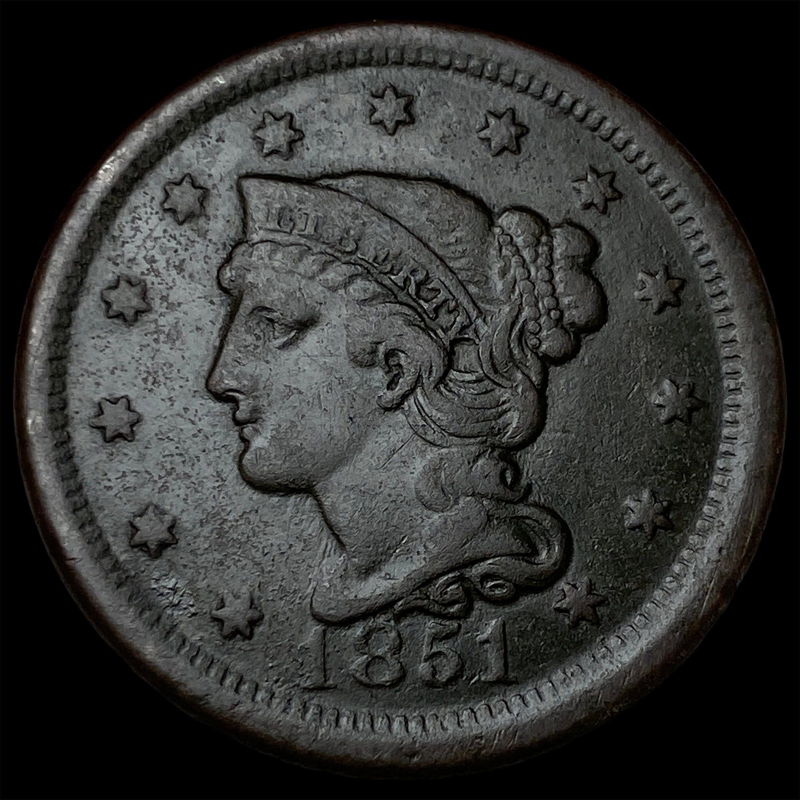 1851 Braided Hair Large Cent NEARLY UNCIRCULATED: 1851 Braided Hair Large Cent NEARLY UNCIRCULATED