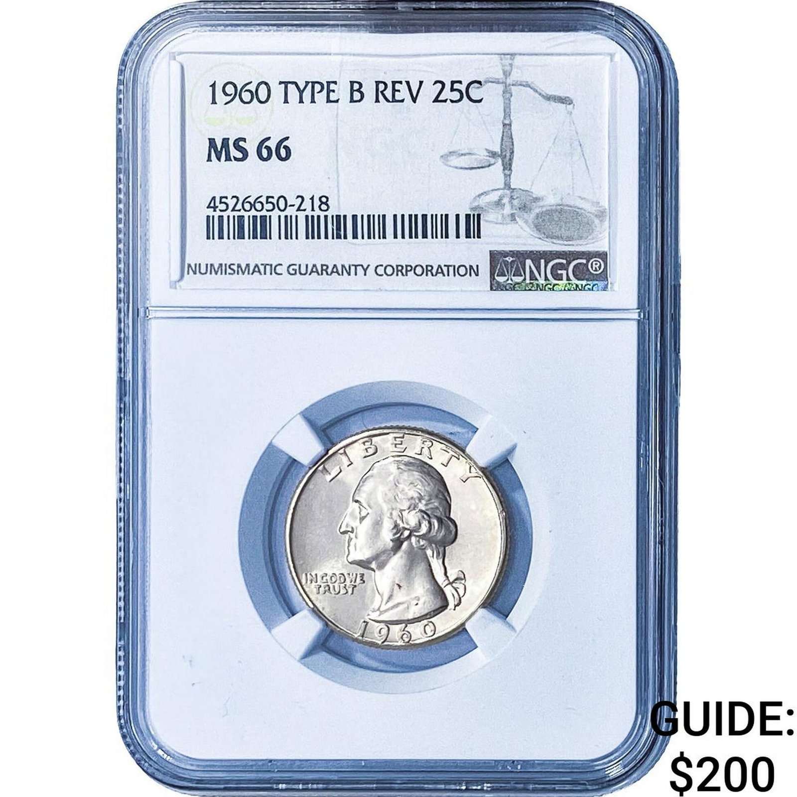 1960 Washington Silver Quarter NGC MS66 Type B Rev.: 1960 Washington Silver Quarter NGC MS66 Type B Rev.