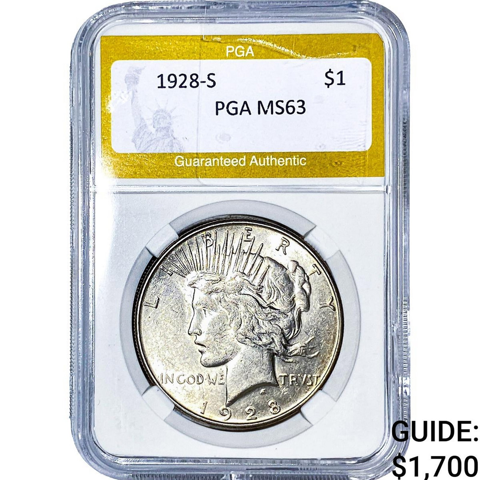 1928-S Silver Peace Dollar PGA MS63: 1928-S Silver Peace Dollar PGA MS63