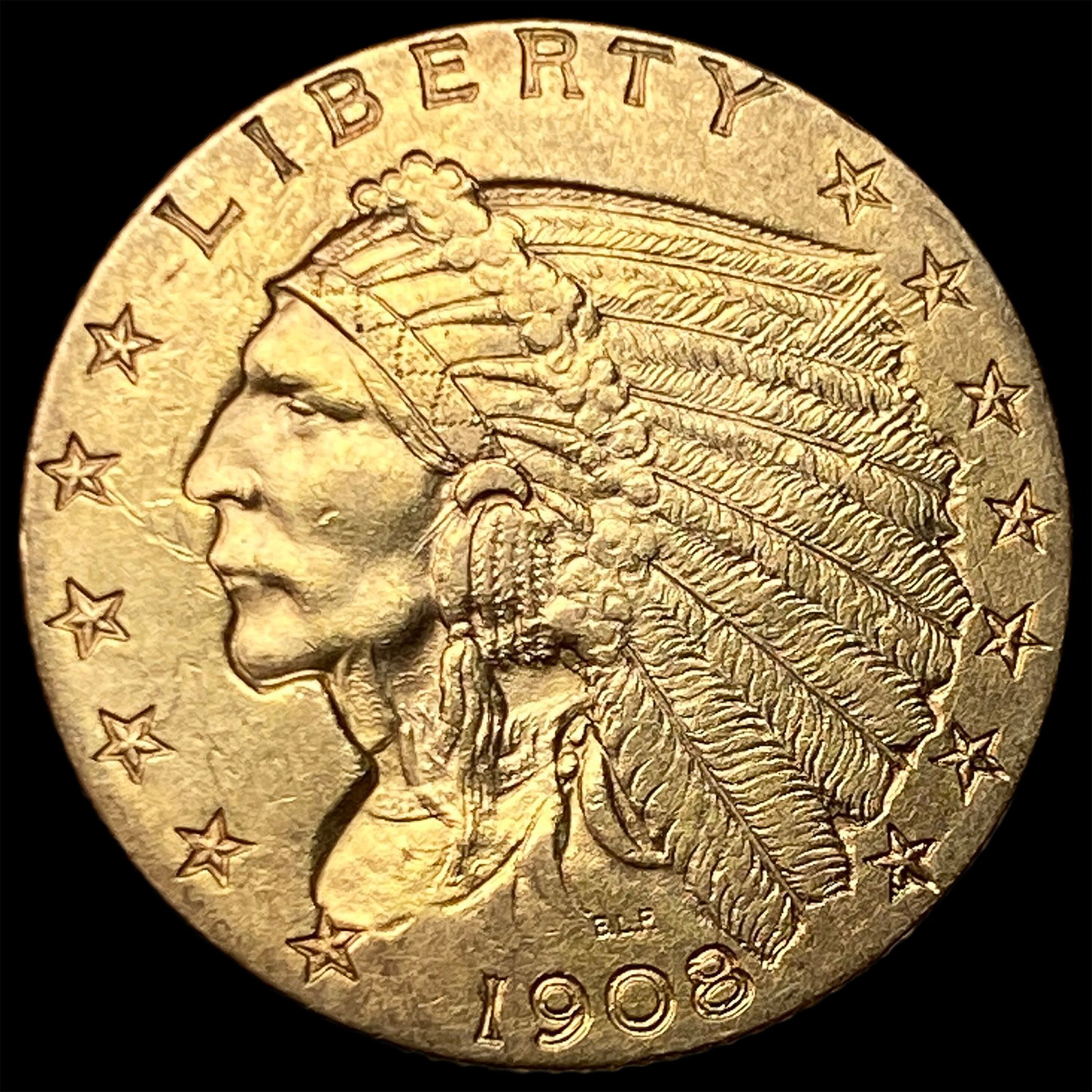 1908 Indian Head $2.5 Gold Quarter Eagle NEARLY UNCIRCULATED: 1908 Indian Head $2.5 Gold Quarter Eagle NEARLY UNCIRCULATED