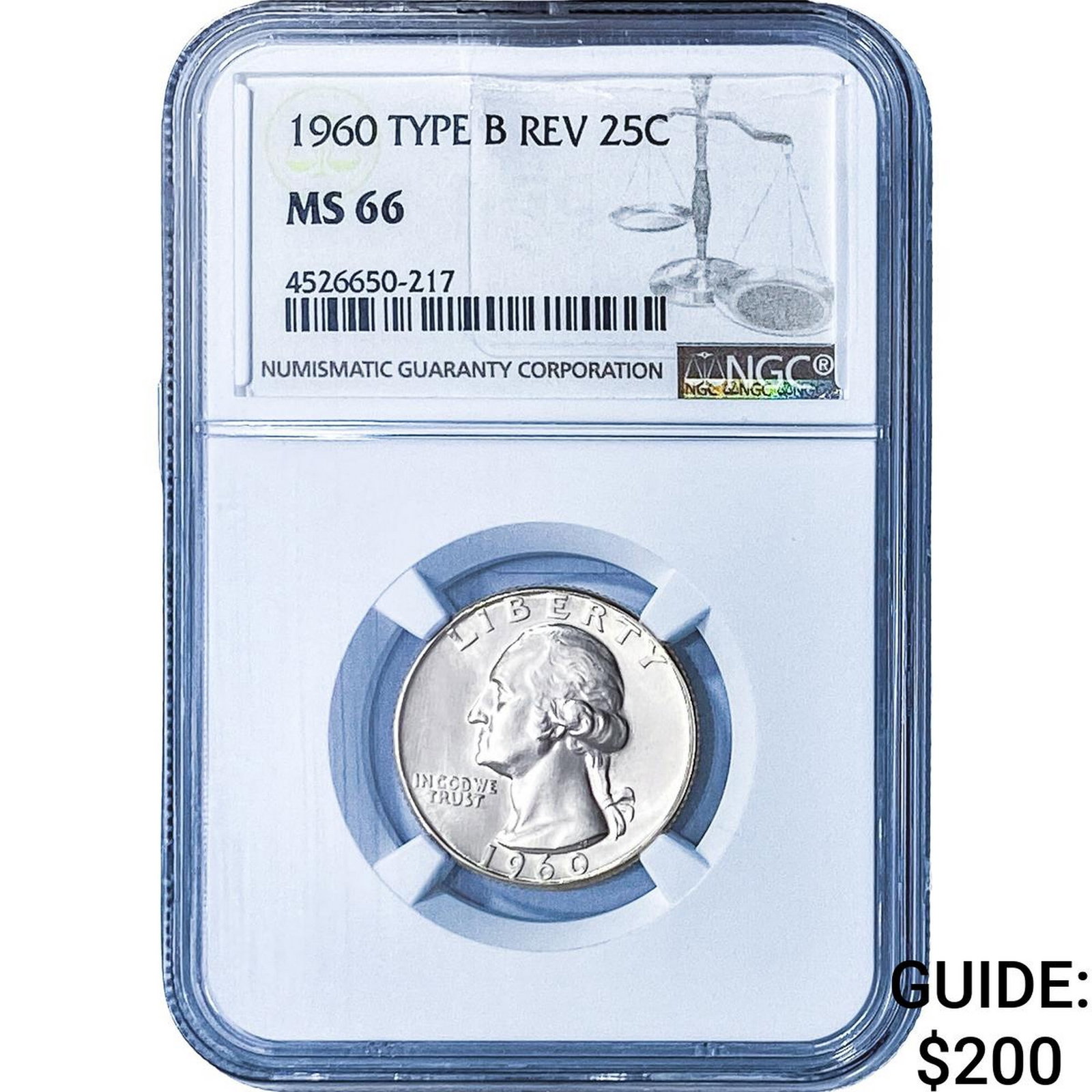 1960 Washington Silver Quarter NGC MS66 Type B Rev.: 1960 Washington Silver Quarter NGC MS66 Type B Rev.