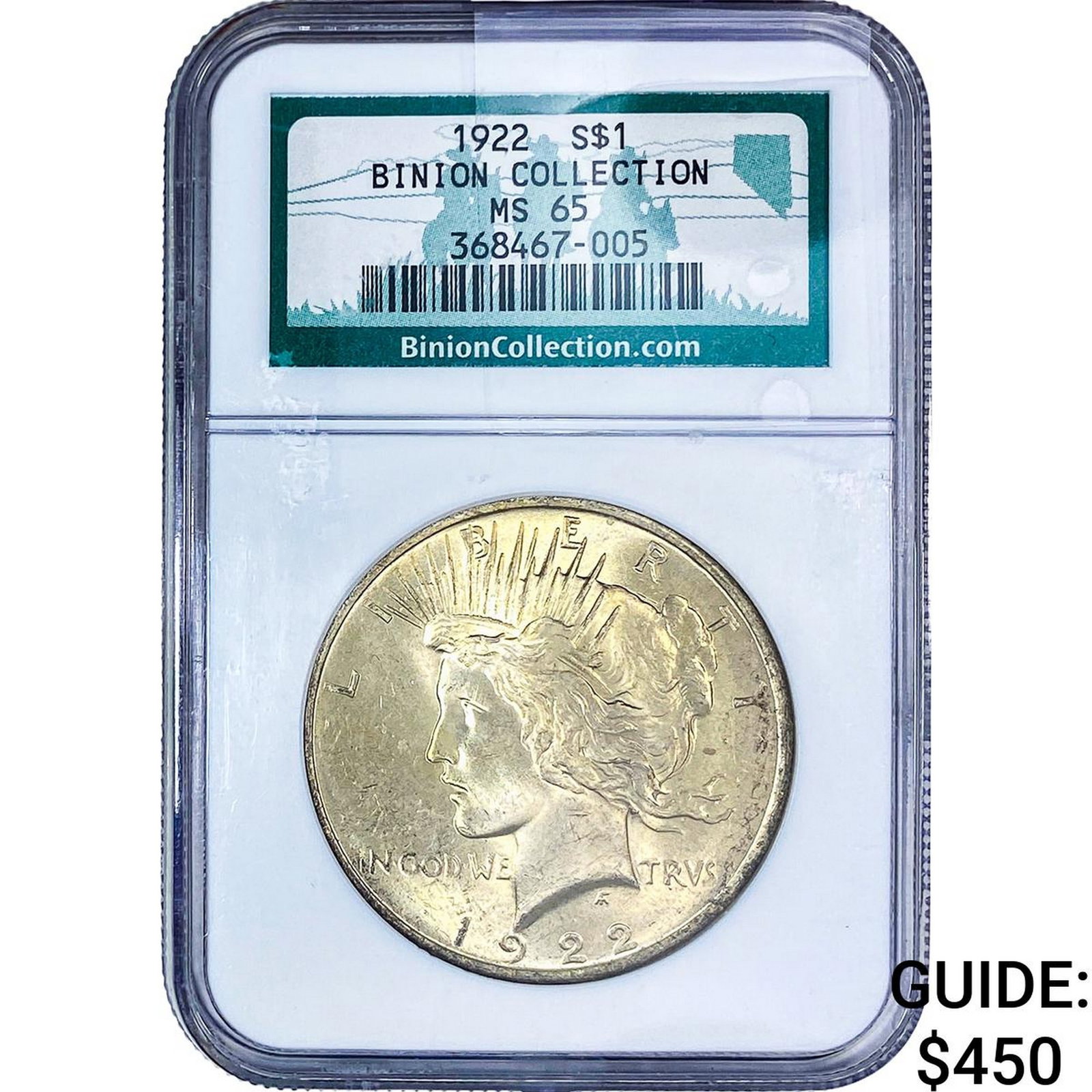1922 Silver Peace Dollar NGC MS65 Binion Collect. (1 of 2)