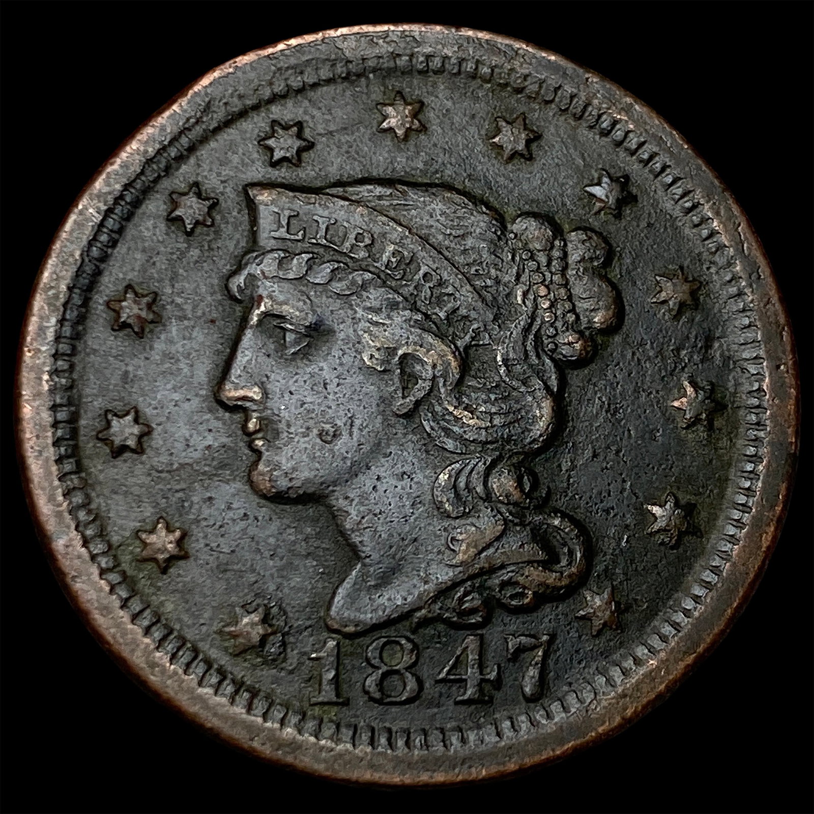 1847 Braided Hair Large Cent NEARLY UNCIRCULATED: 1847 Braided Hair Large Cent NEARLY UNCIRCULATED
