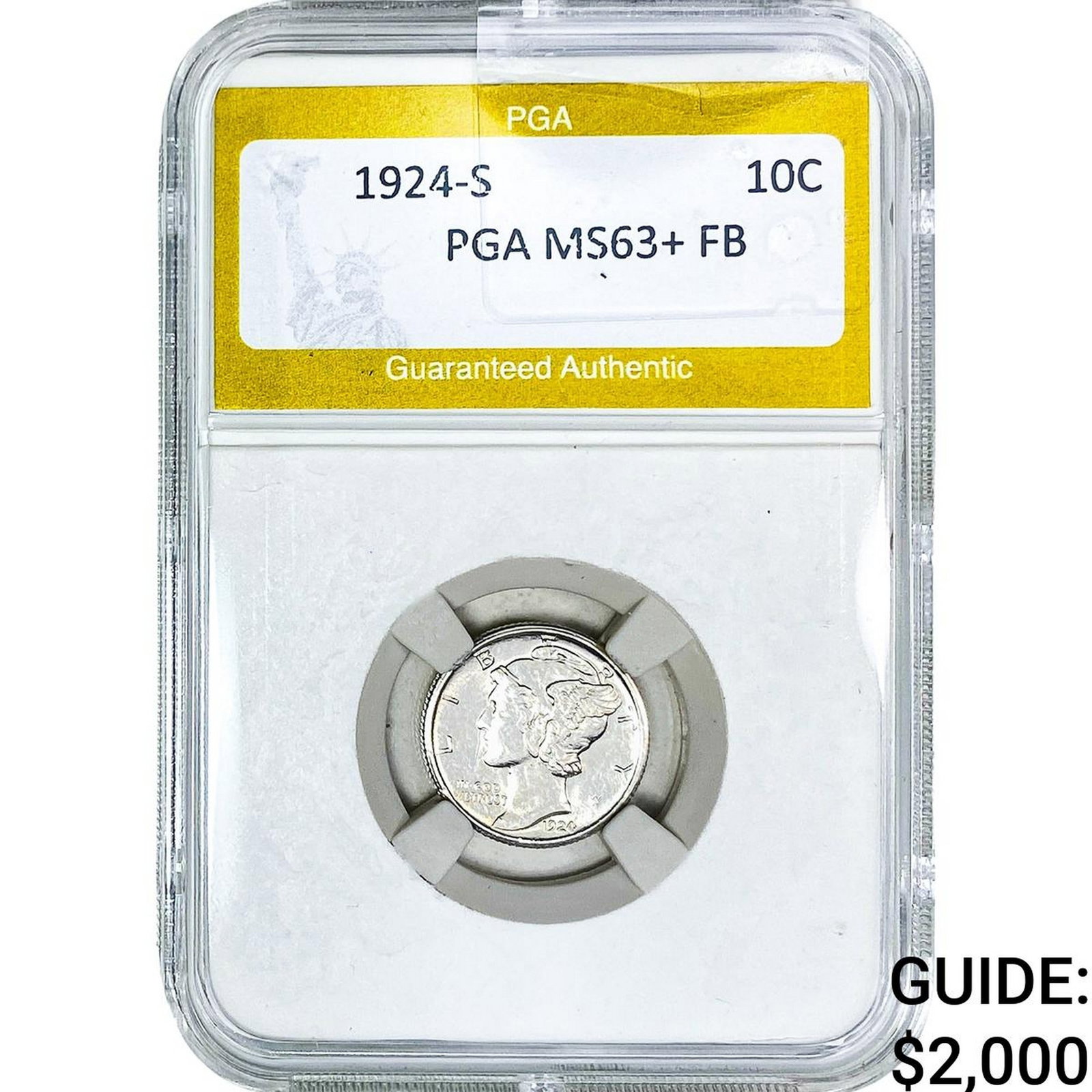 1924-S Mercury Silver Dime PGA MS63+ FB: 1924-S Mercury Silver Dime PGA MS63+ FB