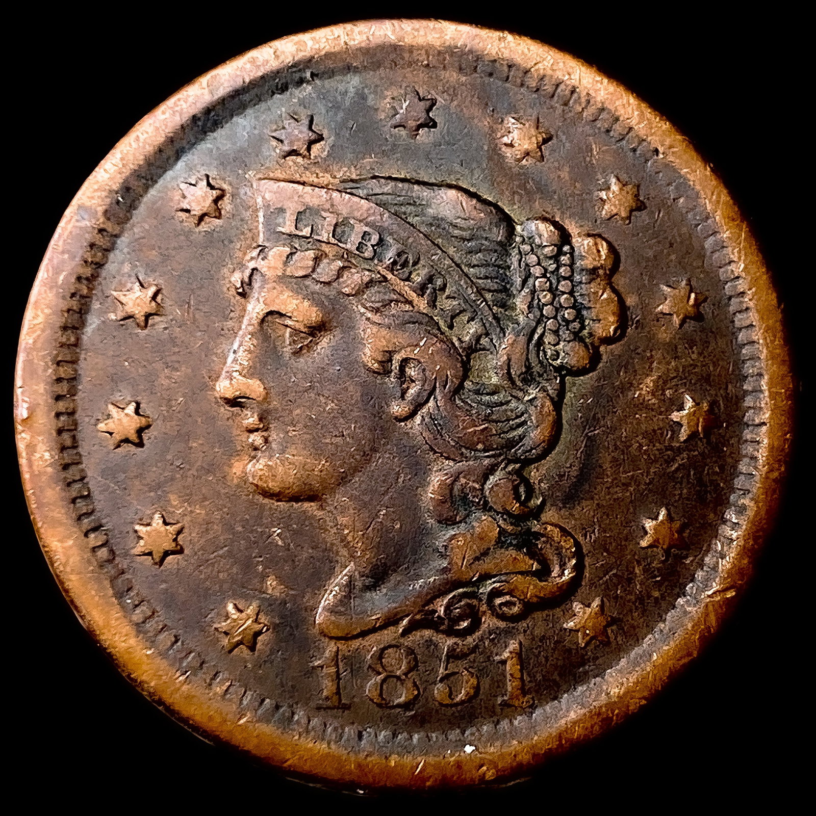 1851 Braided Hair Large Cent CLOSELY UNCIRCULATED: 1851 Braided Hair Large Cent CLOSELY UNCIRCULATED