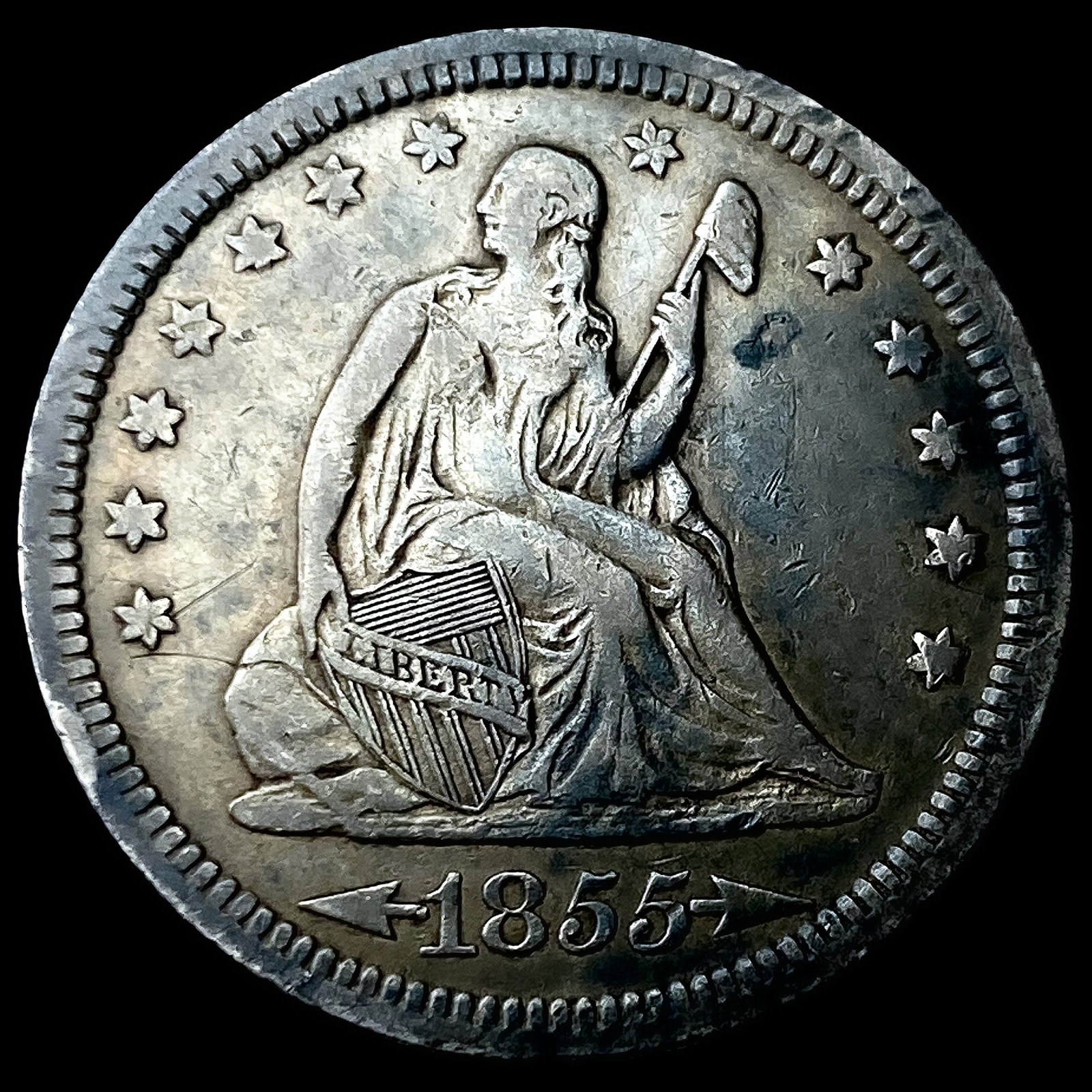 1855 Arrows Seated Liberty Quarter CLOSELY UNCIRCULATED: 1855 Arrows Seated Liberty Quarter CLOSELY UNCIRCULATED