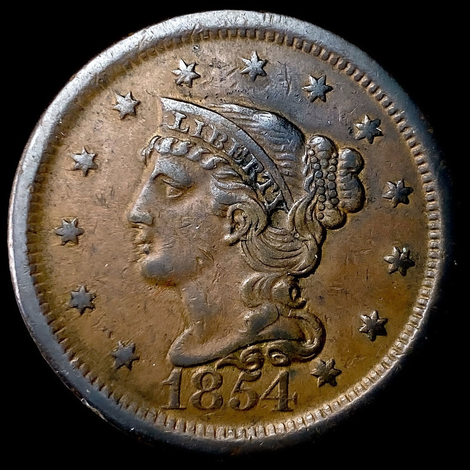 1854 Braided Hair Large Cent CLOSELY UNCIRCULATED: 1854 Braided Hair Large Cent CLOSELY UNCIRCULATED