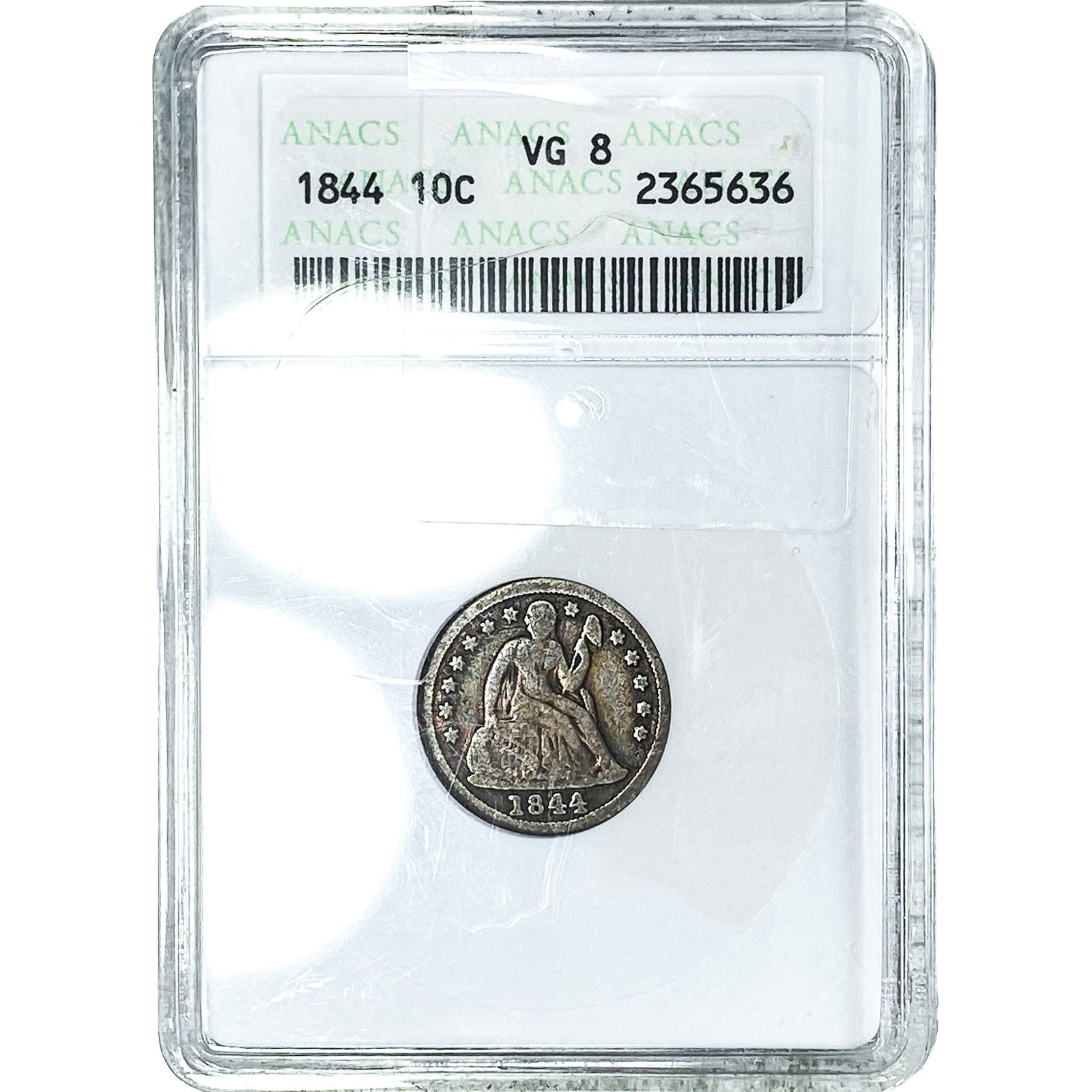 1844 Seated Liberty Dime ANACS VG8: 1844 Seated Liberty Dime ANACS VG8