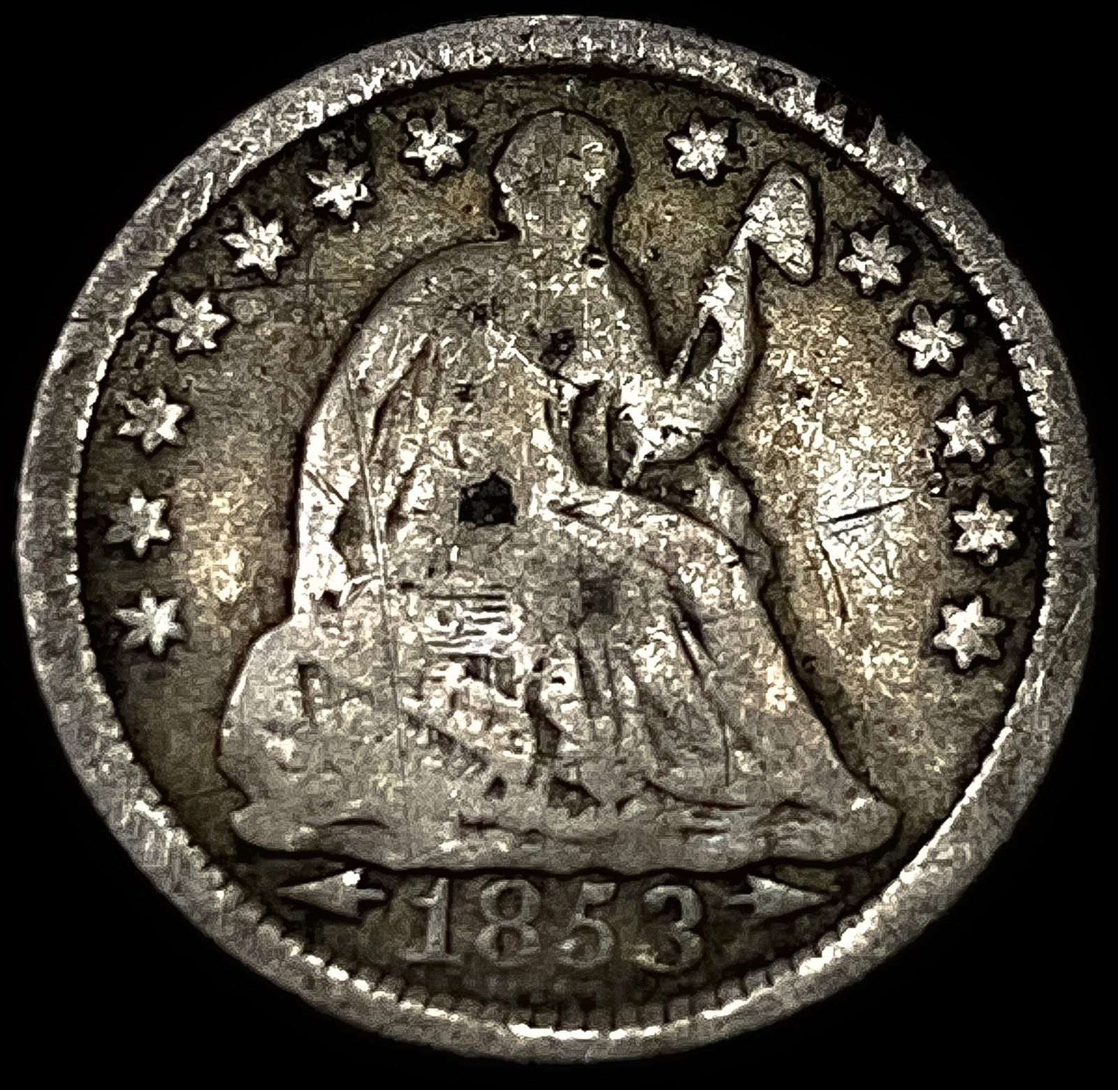 1853 Arrows Seated Liberty Half Dime NICELY CIRCULATED: 1853 Arrows Seated Liberty Half Dime NICELY CIRCULATED