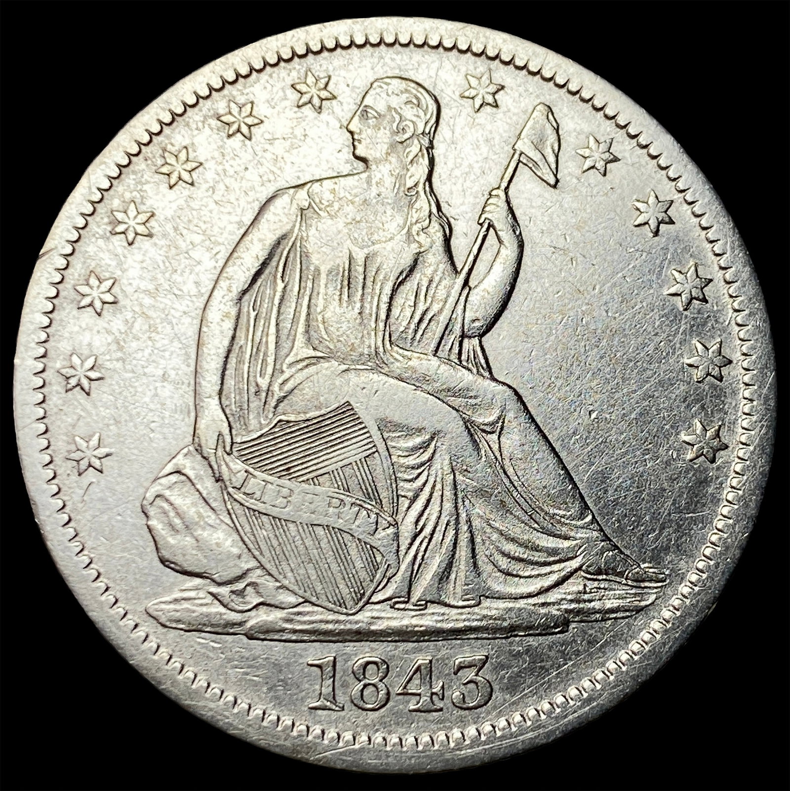1843-O Silver Seated Liberty Half Dollar NEARLY UNCIRCULATED: 1843-O Silver Seated Liberty Half Dollar NEARLY UNCIRCULATED