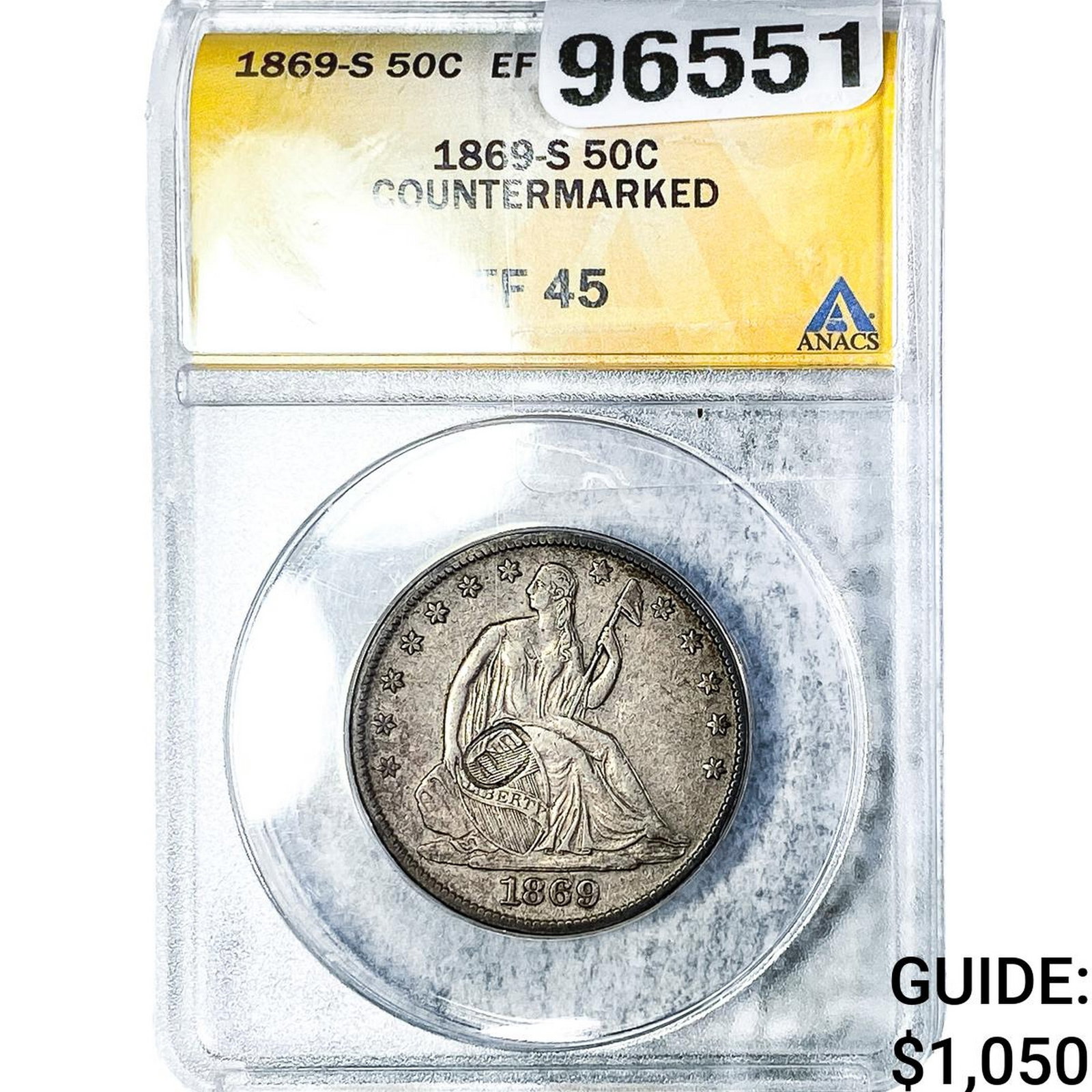 1869-S Seated Liberty Half Dollar ANACS EF45 Countermarked: 1869-S Seated Liberty Half Dollar ANACS EF45 Countermarked