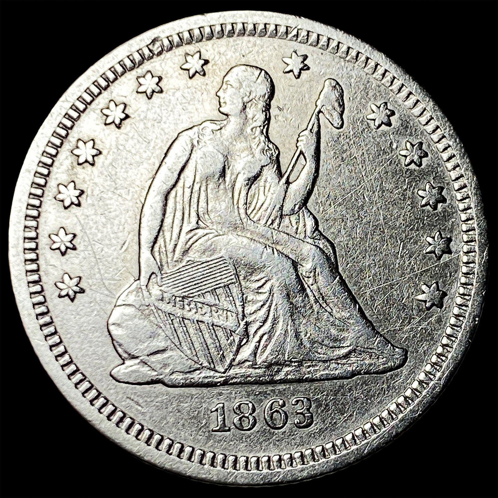 1863 Silver Seated Liberty Quarter CHOICE AU: 1863 Silver Seated Liberty Quarter CHOICE AU