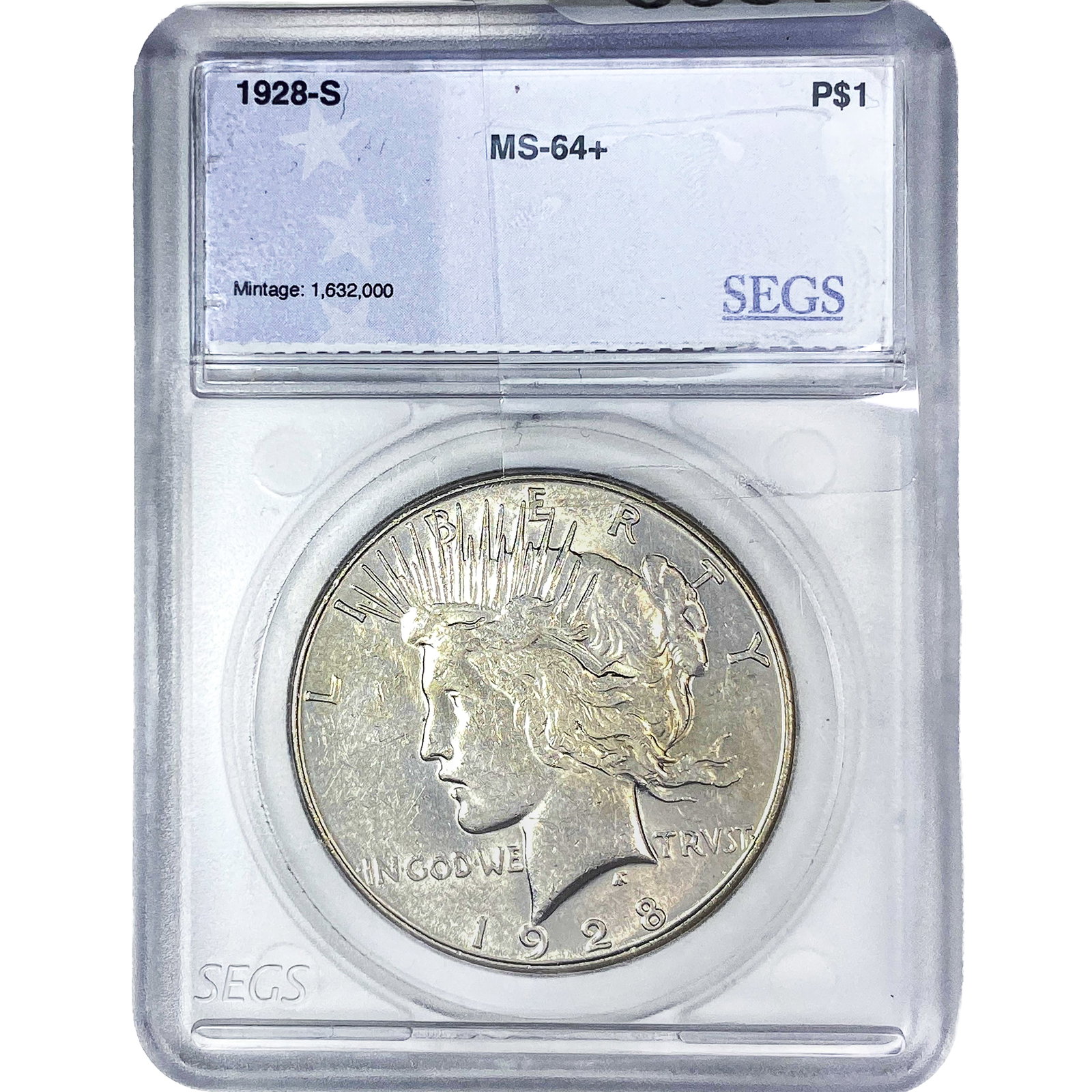 1928-S Silver Peace Dollar SEGS MS64+: 1928-S Silver Peace Dollar SEGS MS64+