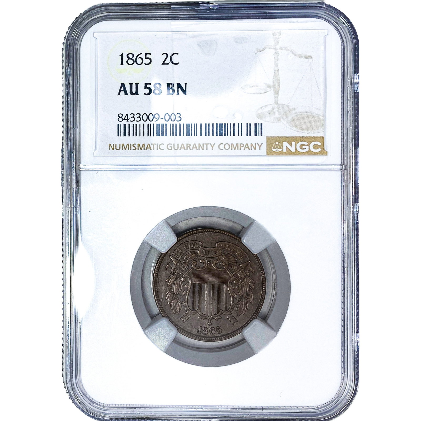 1865 2C Shield NGC AU58 BN: 1865 2C Shield NGC AU58 BN