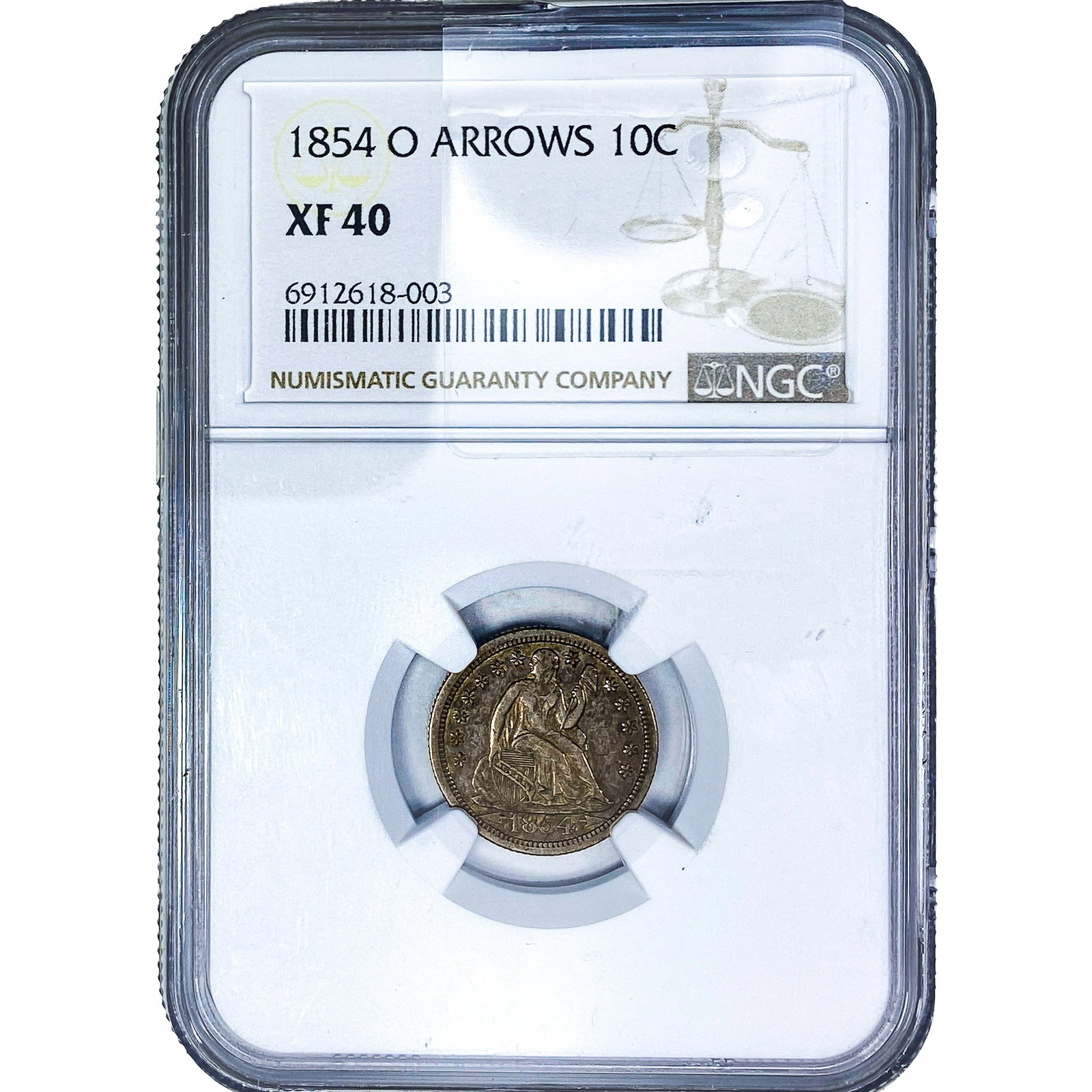 1854-O Seated Liberty Dime NGC XF40 Arrows: 1854-O Seated Liberty Dime NGC XF40 Arrows