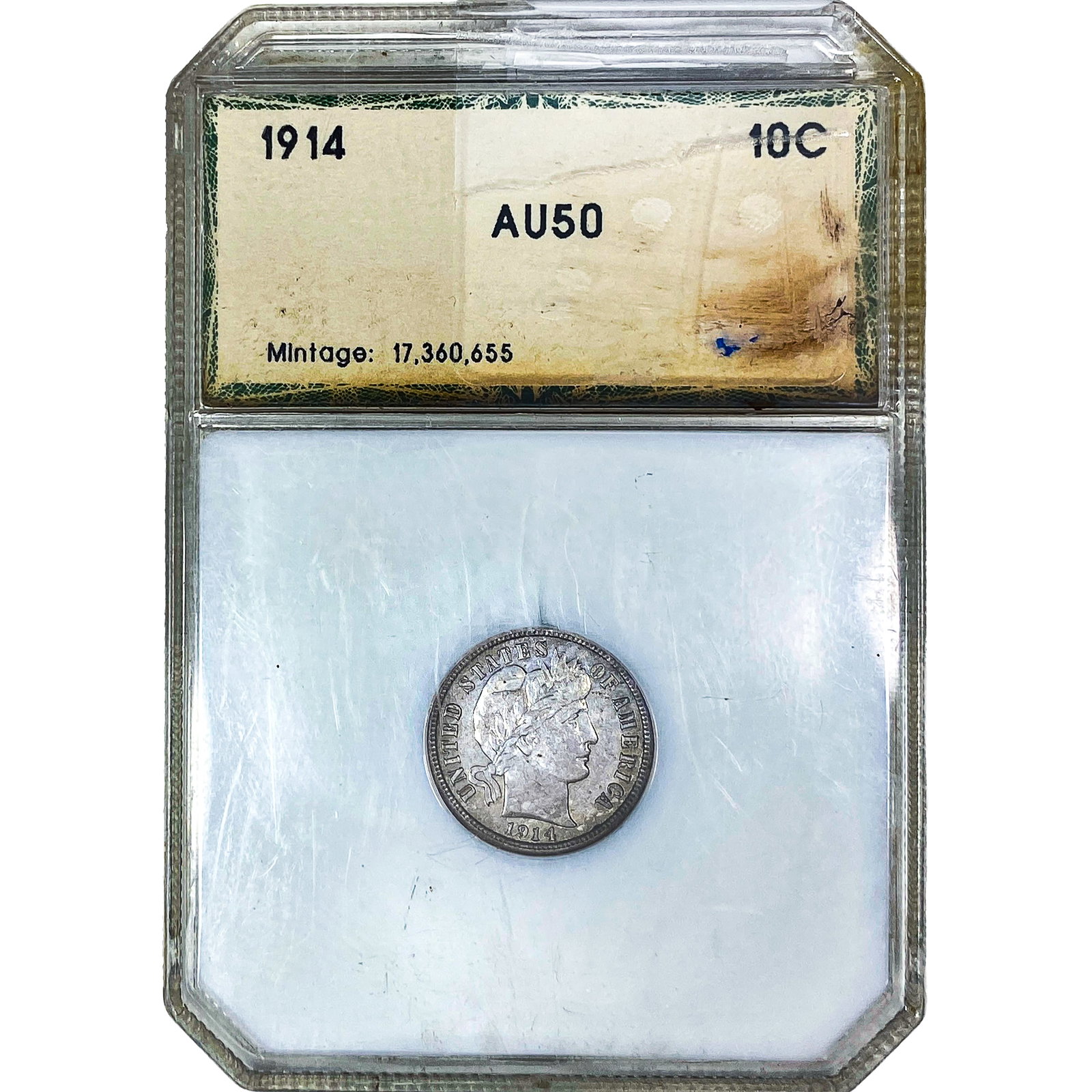 1914 Barber Dime PCI AU50: 1914 Barber Dime PCI AU50