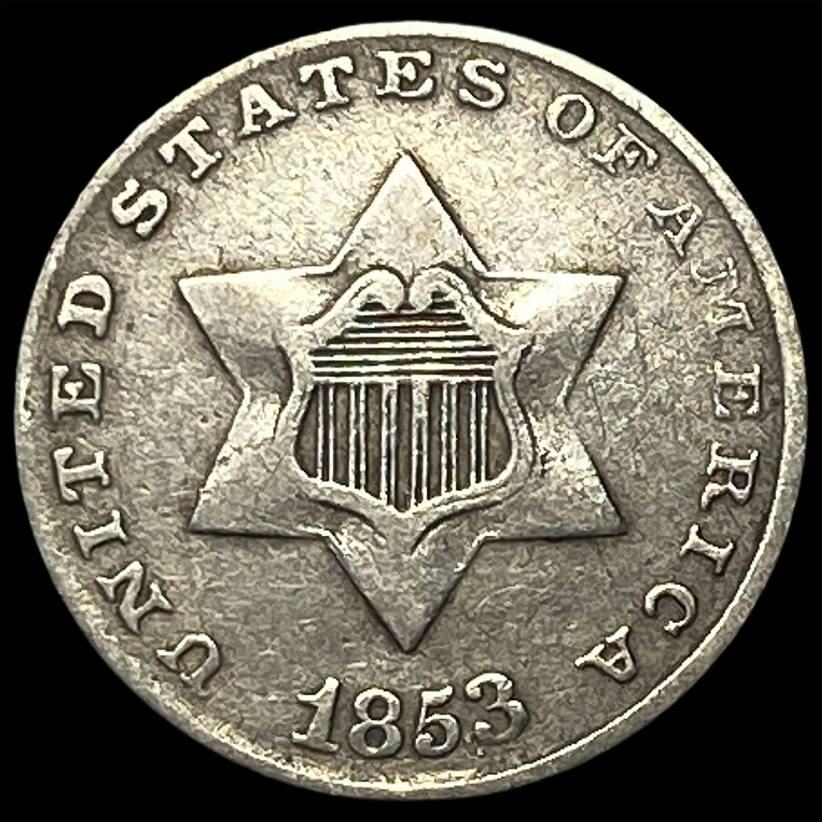 1853 Silver Three-Cent Piece NEARLY UNCIRCULATED: 1853 Silver Three-Cent Piece NEARLY UNCIRCULATED