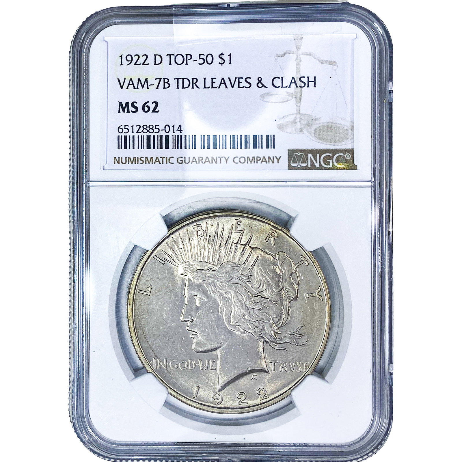 1922-D Silver Peace Dollar NGC MS62 VAM-7B TDR Leaves&Clash (1 of 2)