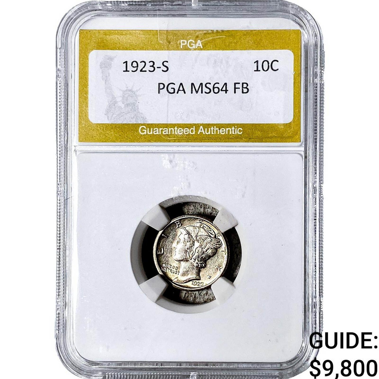 1923-S Mercury Silver Dime PGA MS64 FB: 1923-S Mercury Silver Dime PGA MS64 FB