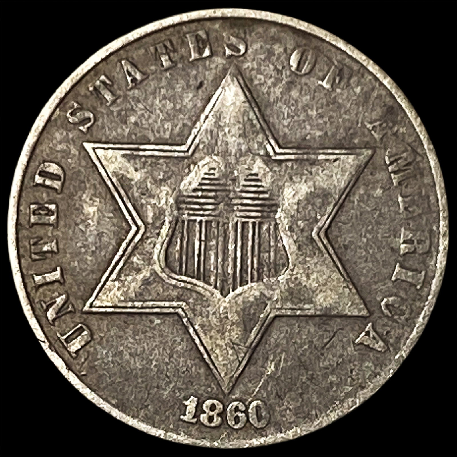 1860 Silver Three-Cent Piece NEARLY UNCIRCULATED: 1860 Silver Three-Cent Piece NEARLY UNCIRCULATED