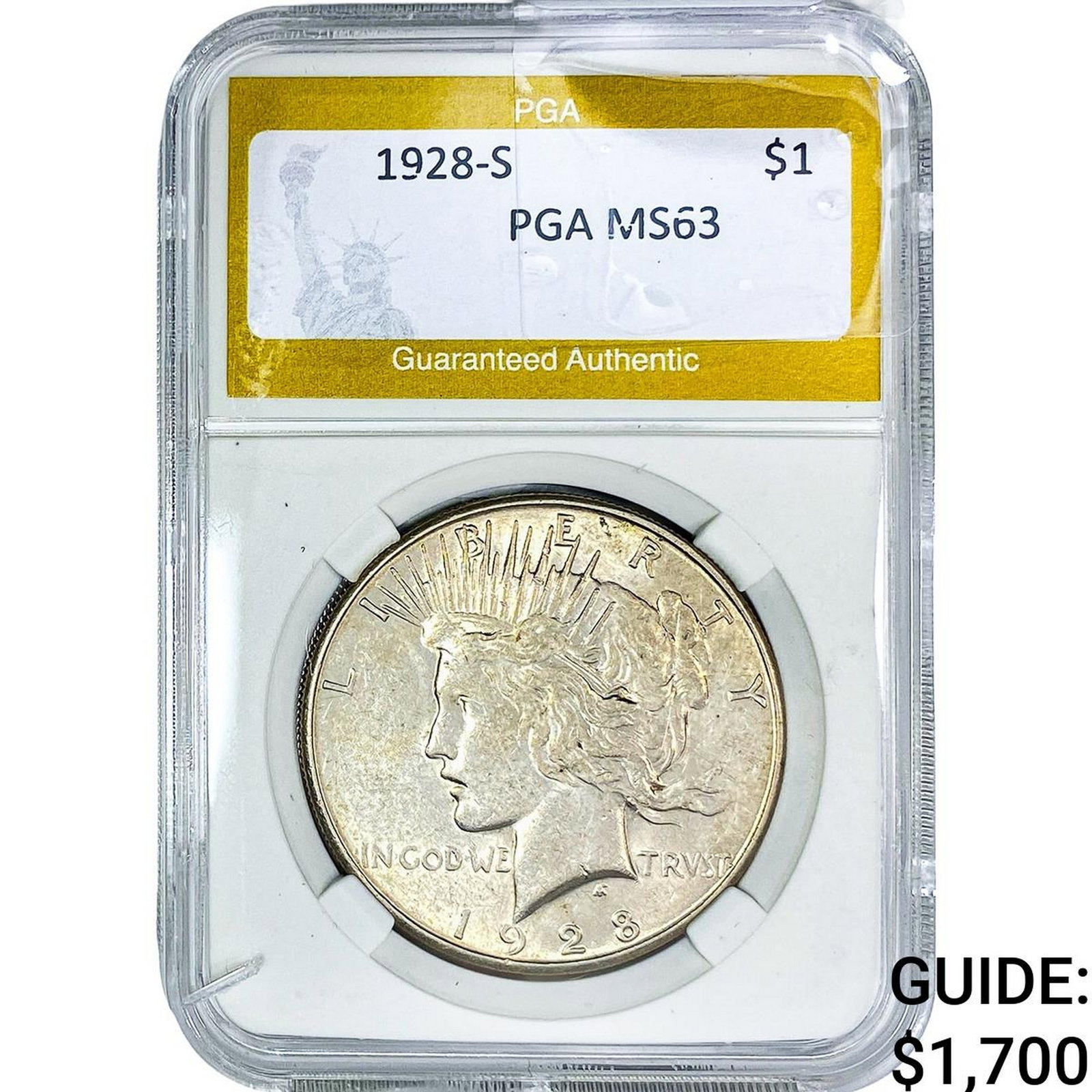 1928-S Silver Peace Dollar PGA MS63: 1928-S Silver Peace Dollar PGA MS63