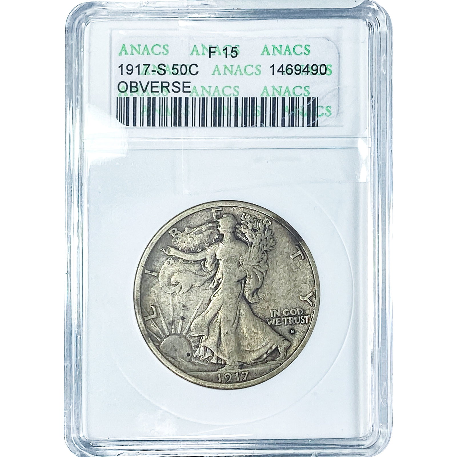 1917-S Walking Liberty Half Dollar ANACS F15: 1917-S Walking Liberty Half Dollar ANACS F15