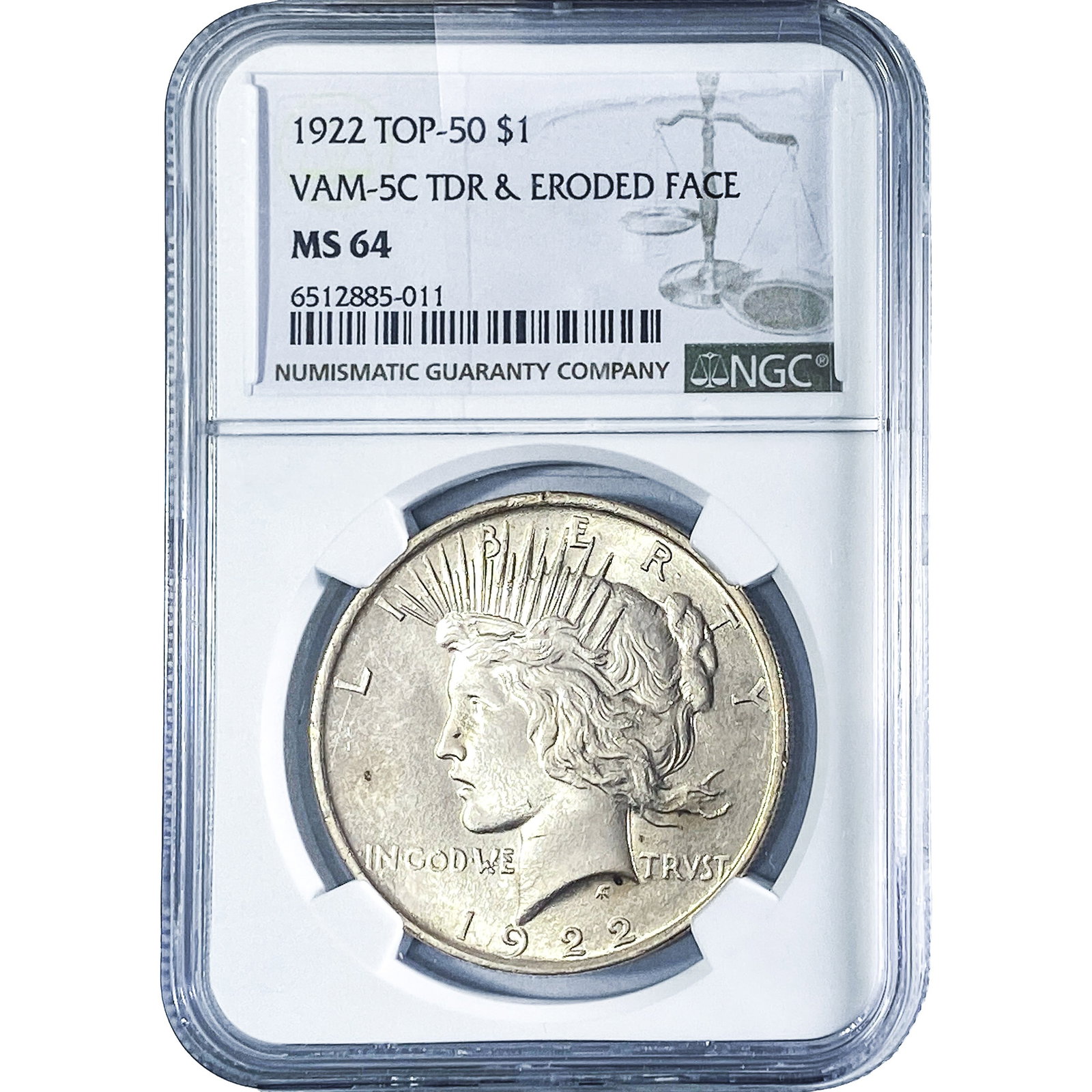1922 Silver Peace Dollar NGC MS64 VAM-5C TDR&ERODED FACE: 1922 Silver Peace Dollar NGC MS64 VAM-5C TDR&ERODED FACE