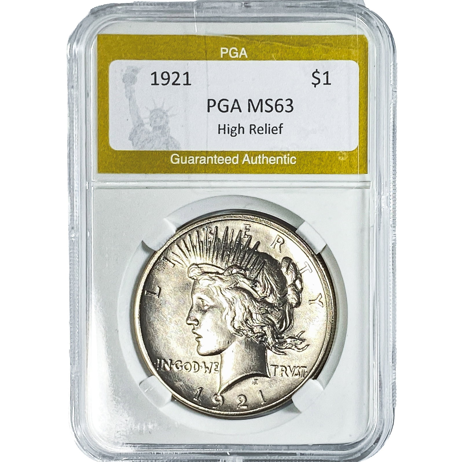 1921 Silver Peace Dollar PGA MS63 High Relief: 1921 Silver Peace Dollar PGA MS63 High Relief