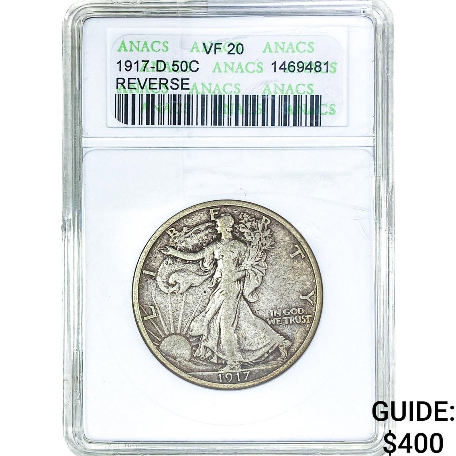 1917-D Walking Liberty Half Dollar ANACS VF20: 1917-D Walking Liberty Half Dollar ANACS VF20