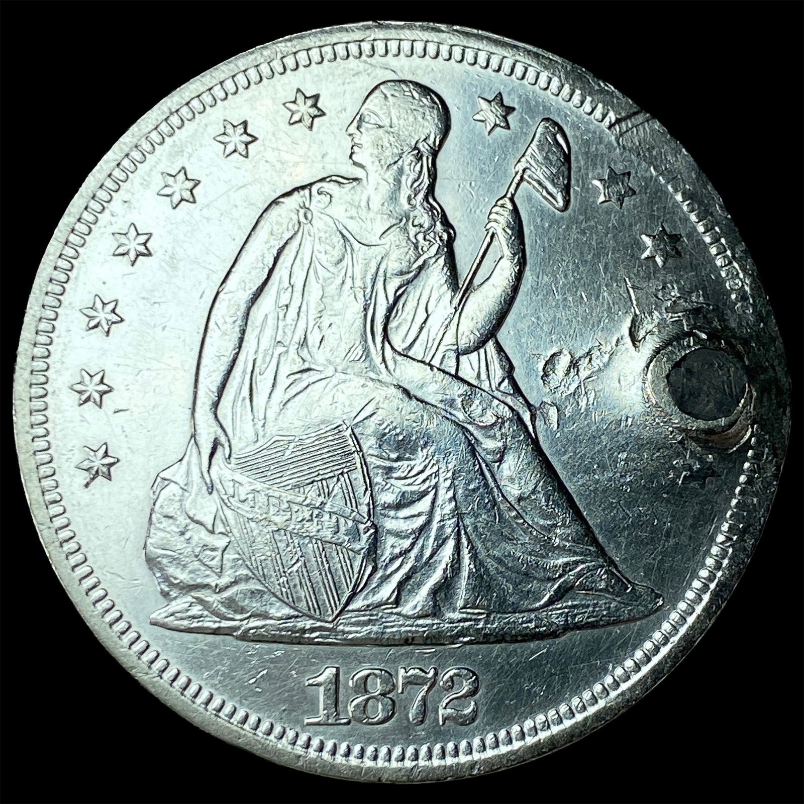 1872 Silver Seated Liberty Dollar (holed) HIGH GRADE: 1872 Silver Seated Liberty Dollar (holed) HIGH GRADE