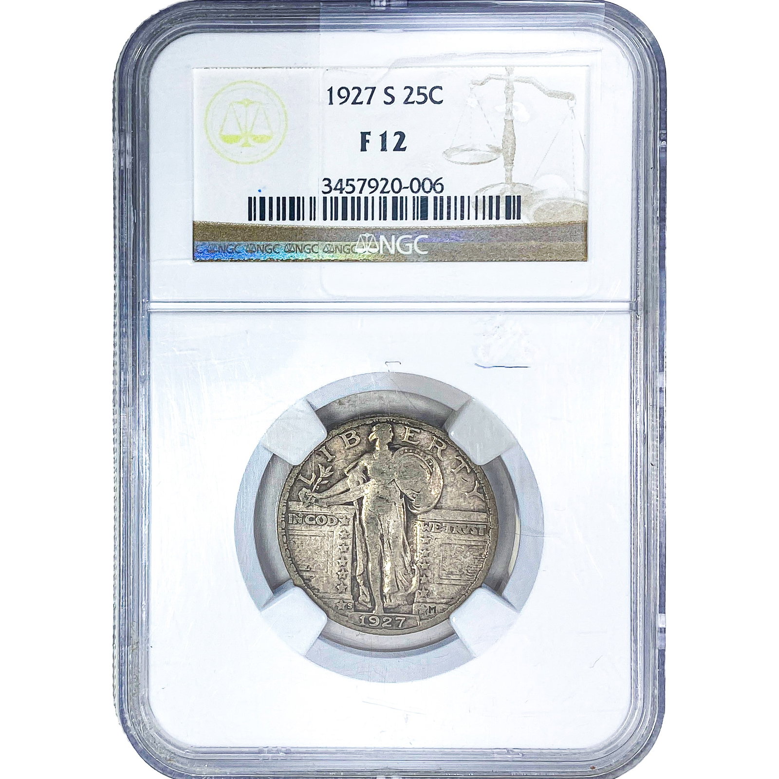 1927-S Standing Liberty Quarter NGC F12: 1927-S Standing Liberty Quarter NGC F12