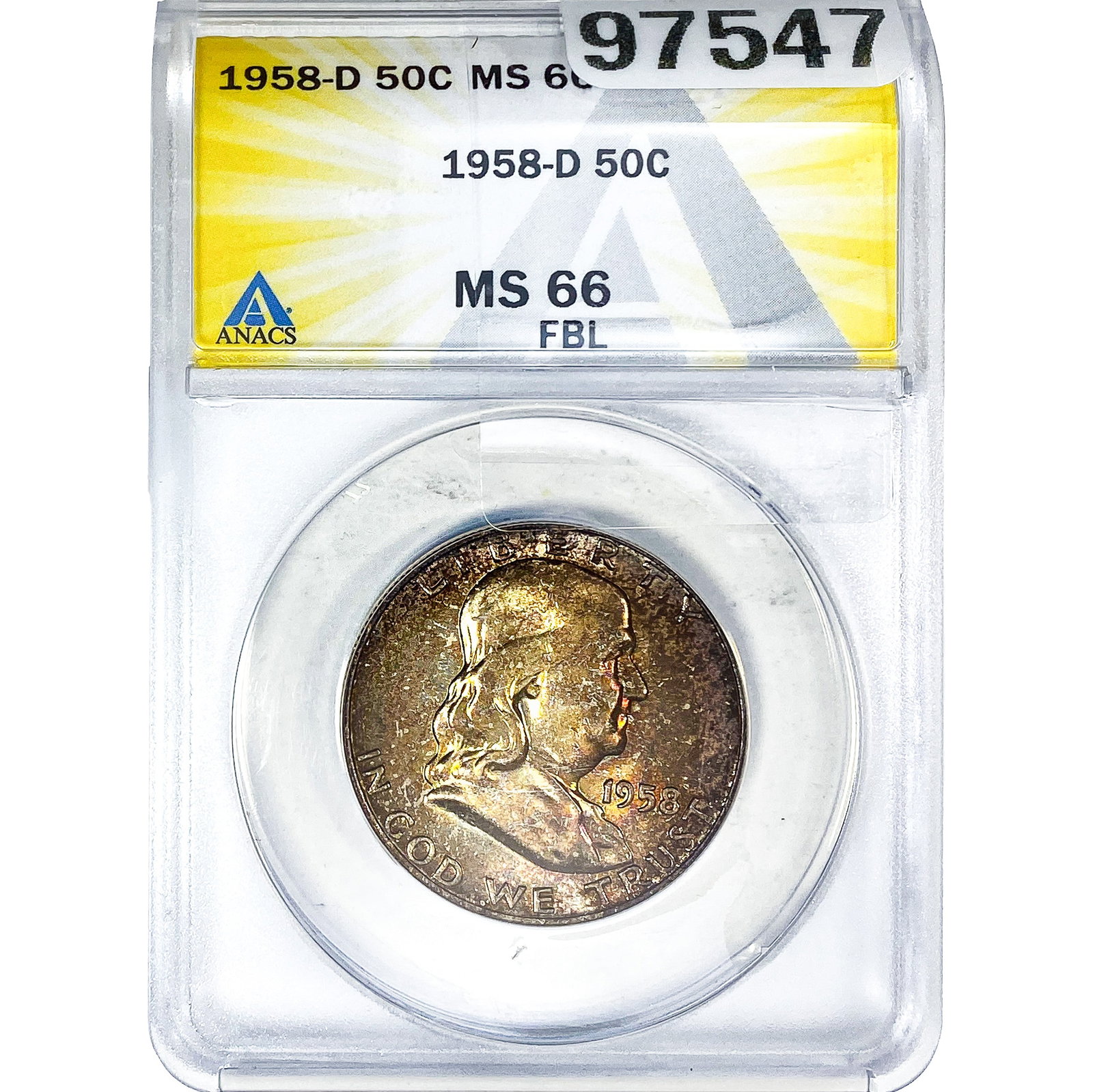 1958-D Franklin Half Dollar ANACS MS66 FBL: 1958-D Franklin Half Dollar ANACS MS66 FBL