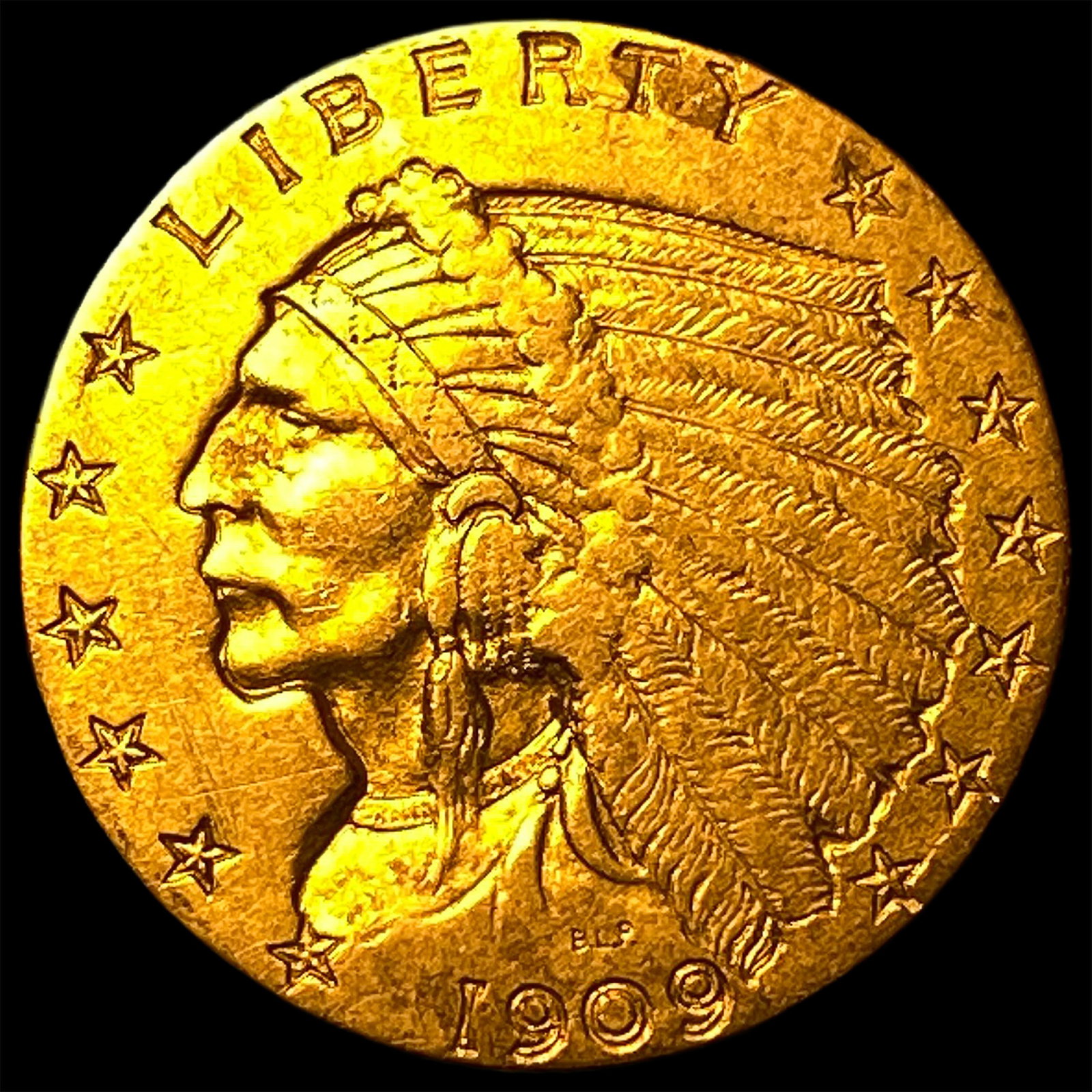 1909 Indian Head $2.50 Gold Quarter Eagle NEARLY UNCIRCULATED: 1909 Indian Head $2.50 Gold Quarter Eagle NEARLY UNCIRCULATED