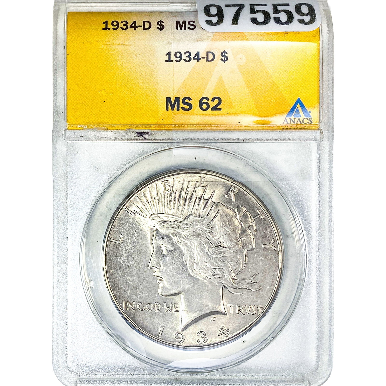 1934-D Silver Peace Dollar ANACS MS62: 1934-D Silver Peace Dollar ANACS MS62