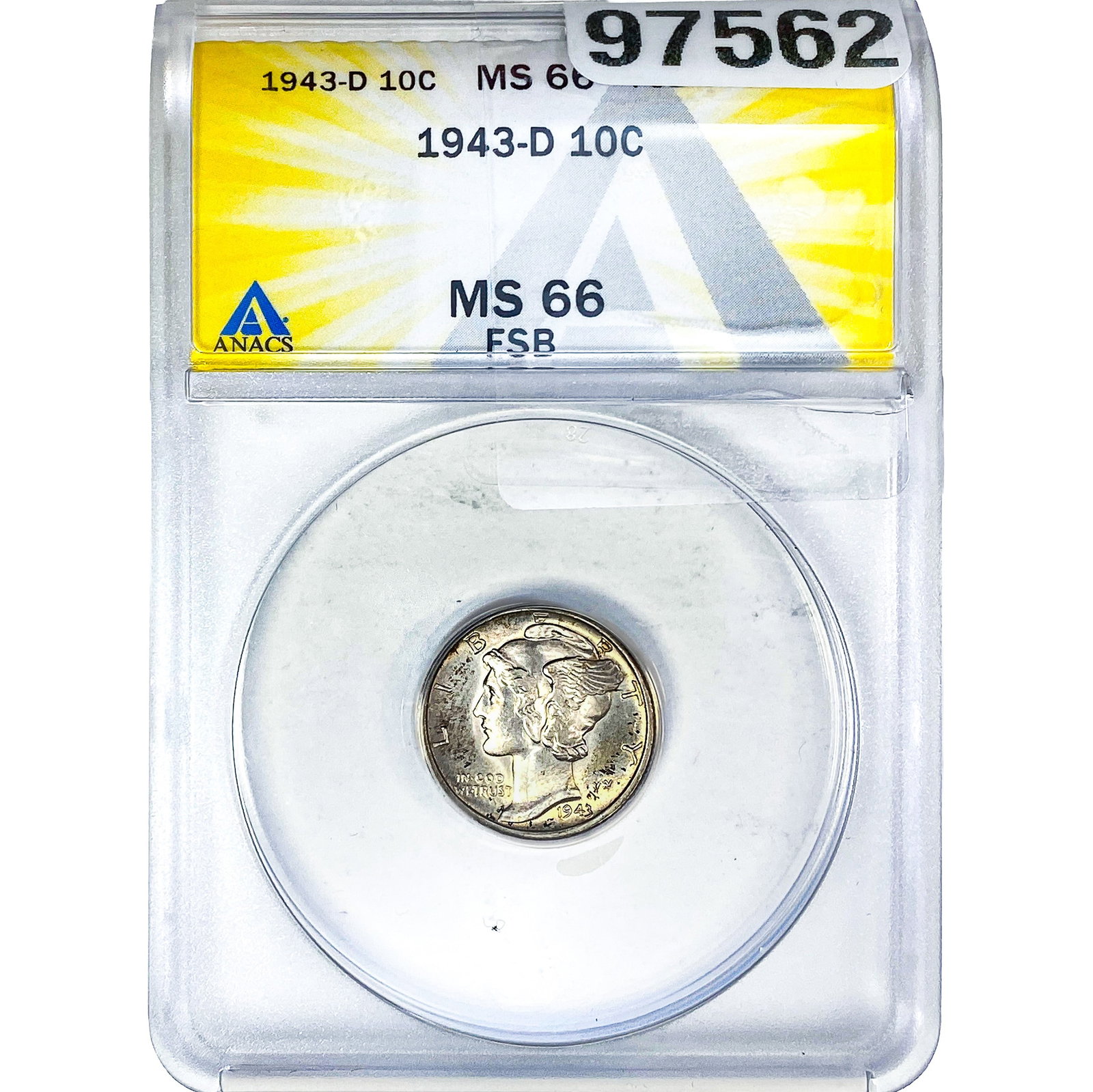 1943-D Mercury Silver Dime ANACS MS66 FSB: 1943-D Mercury Silver Dime ANACS MS66 FSB